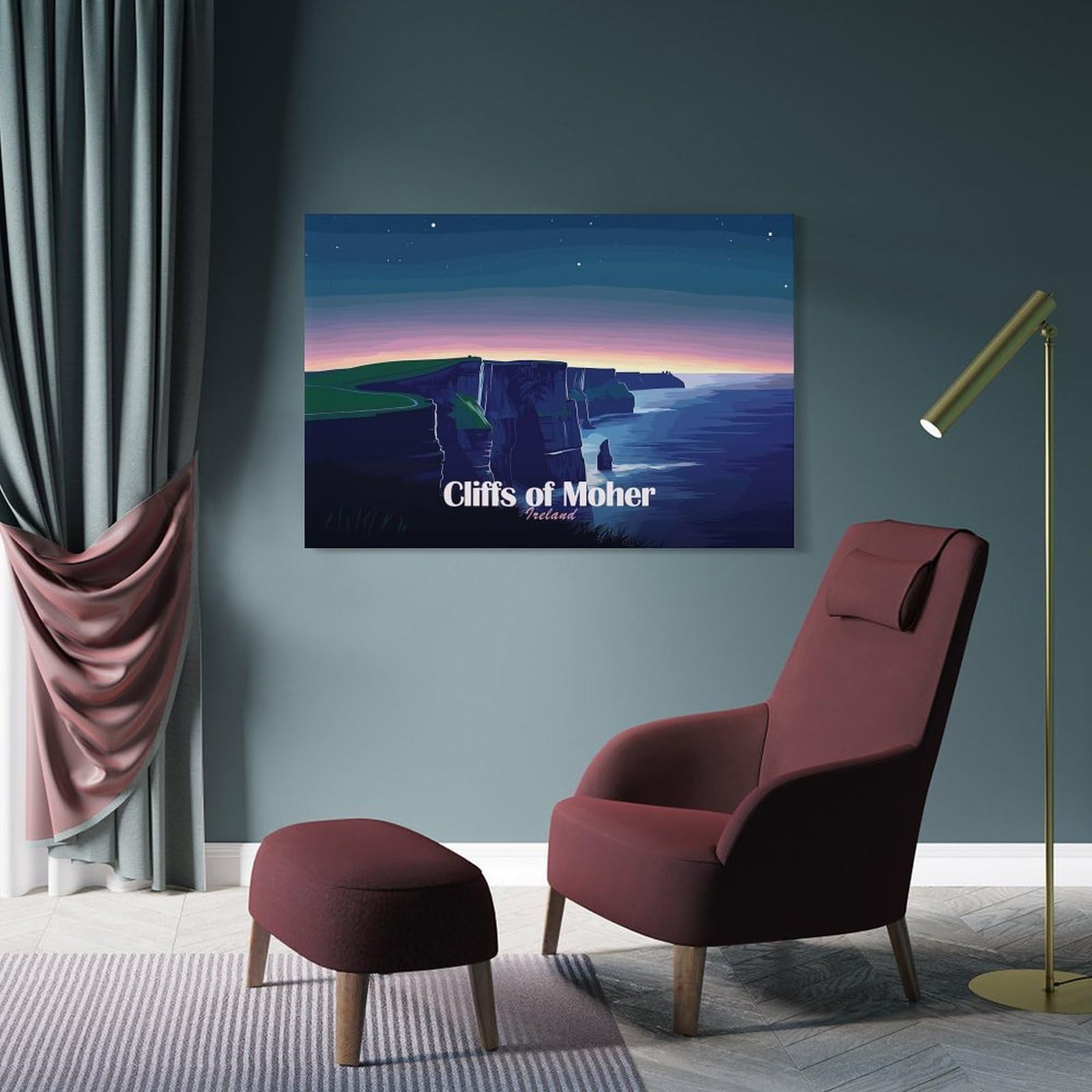 Junmoney Frame-Style-16-1 Hanging Wall Art Cliffs Of Moher, Ireland At Night, 24X36inch(60X90cm), For Wall Displays, Bedrooms Or Room Updates, Wall Decor Suited To Curated Displays