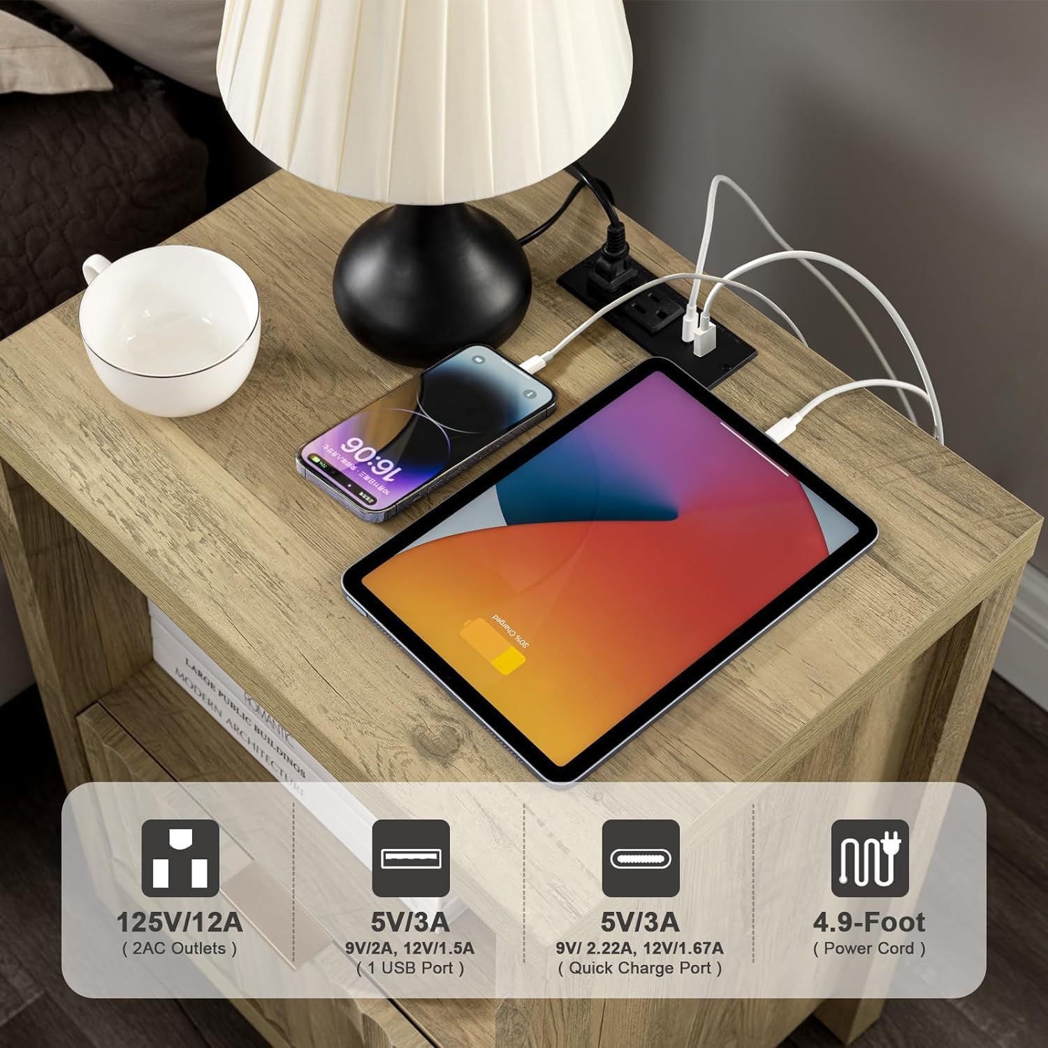 Намоиши наздики истгоҳи пуркунии барқ ​​дар мизи хоб бо дастгоҳҳое, ки ба шабака пайвастанд