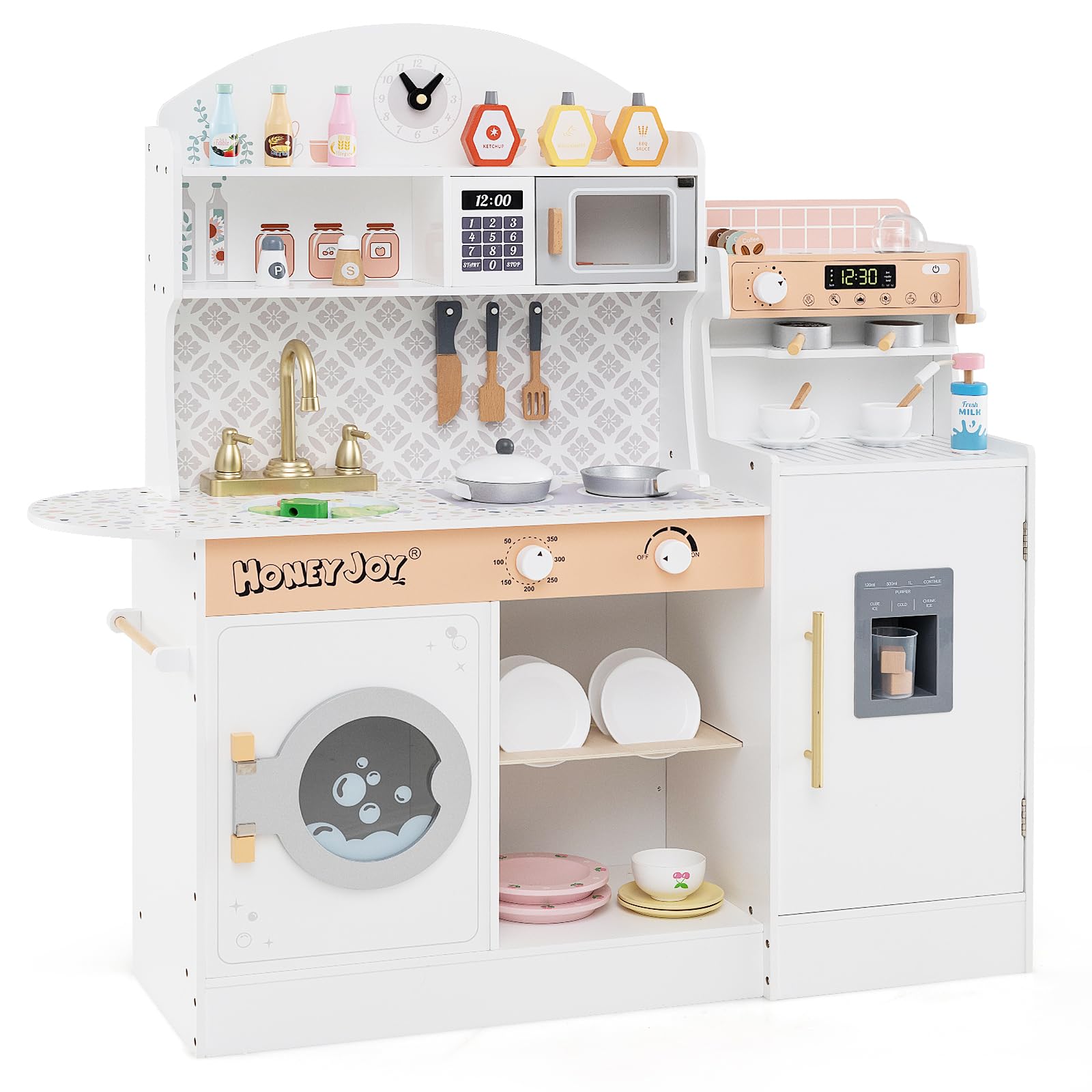 COSTWAY Kinderküche mit 27 Zubehör, Spielküche Holz mit Uhr Mikrowelle Spüle EIS- & Kaffeemaschine Geschirrständer und Waschmaschine, Spielzeugküche für Kinder ab 2 Jahren (Weiß)