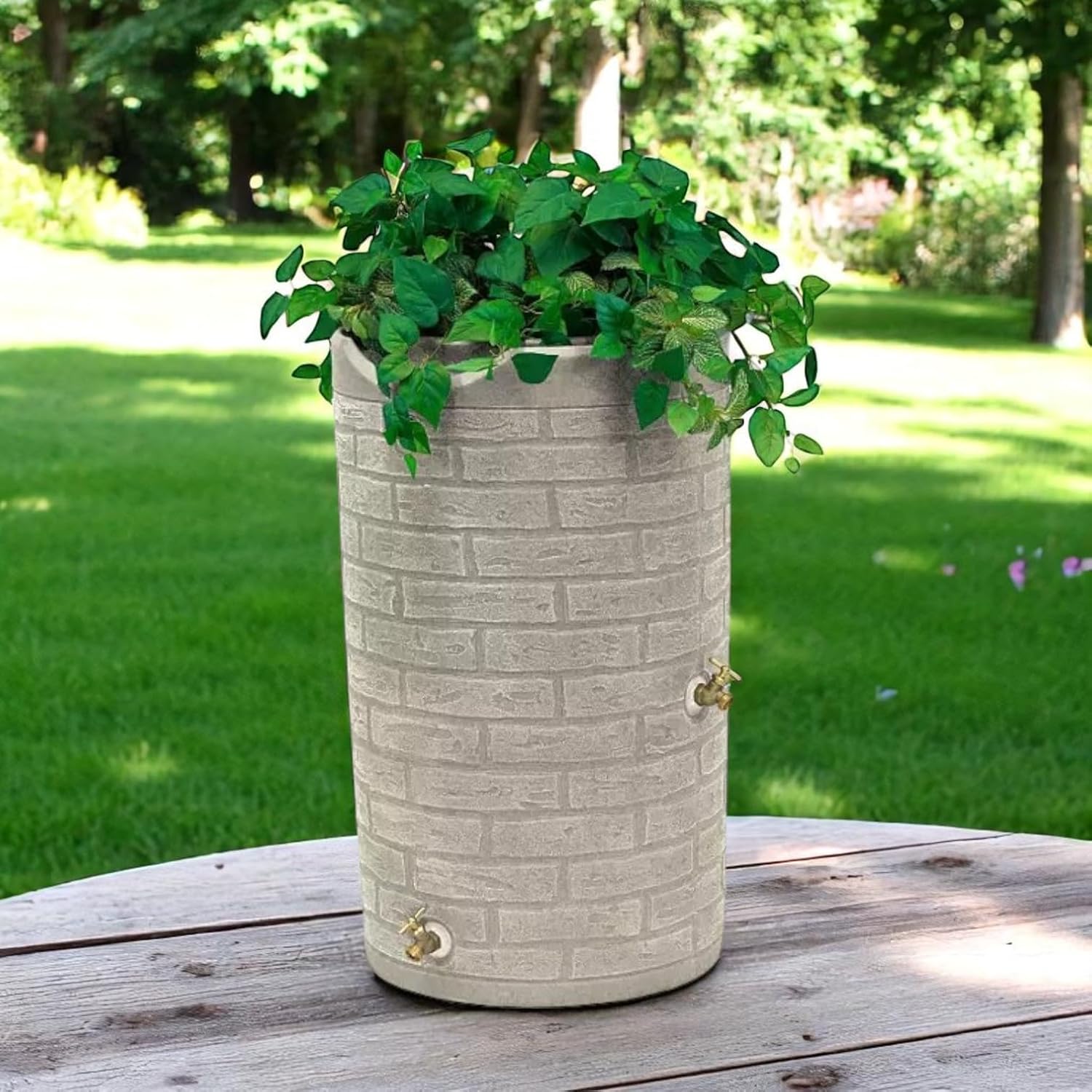 Decorative Rain Barrel with Brick Pattern, Mock Brick rain Barrel, 50 Gallon,Dual Brass Spigots, with a deep-welled top, Resin, Water Saver. (Sandstone, 50 Gallon)
