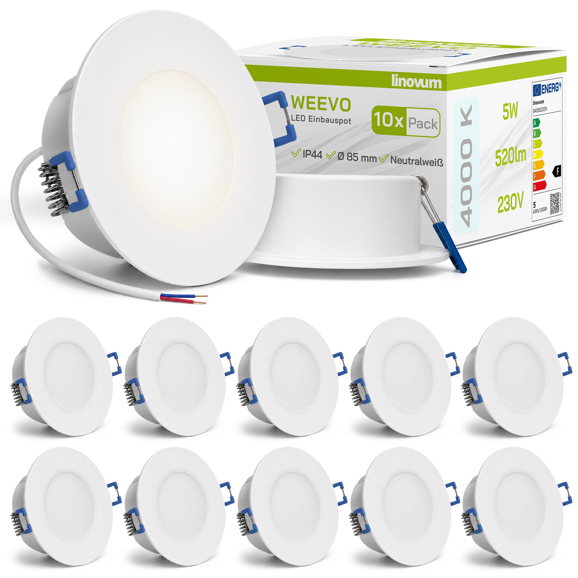 linovum WEEVO Einbauspot 10er Set silber rund IP44 5W neutralweiß 29mm | Zehn extra flache Einbauspots IP44 - neutralweiß, satinierte Front, nur 29mm tief, für Bad, Küche & Flur, direkt an 230V