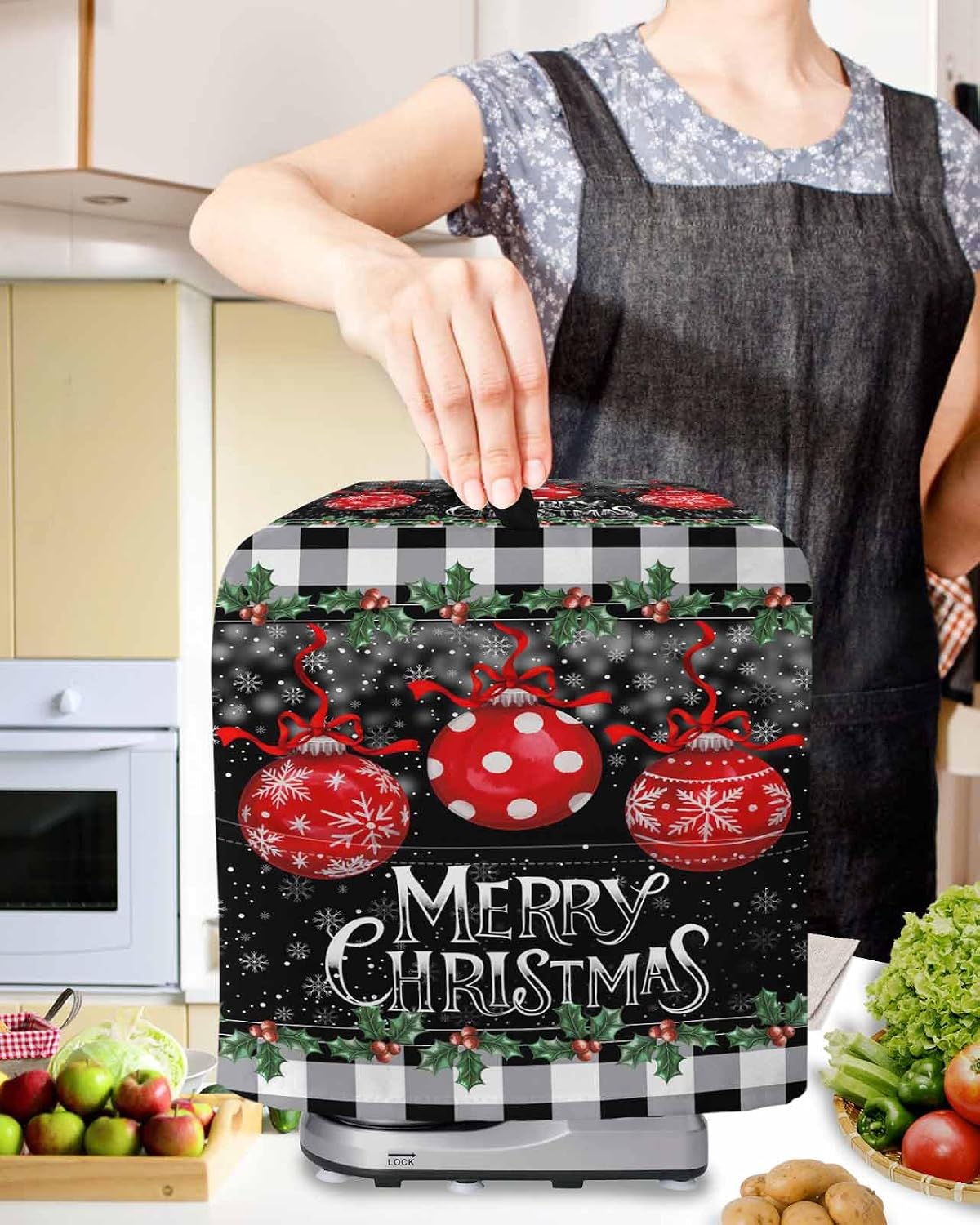 Stand Mixer Cover with Storage Pocket, Merry Christmas Waterproof Kitchen Mixer Covers, Red Xmas Balls Snowflake Black Plaid Kitchen Appliance Dust Cover Compatible with 5-8 Quart Mixers