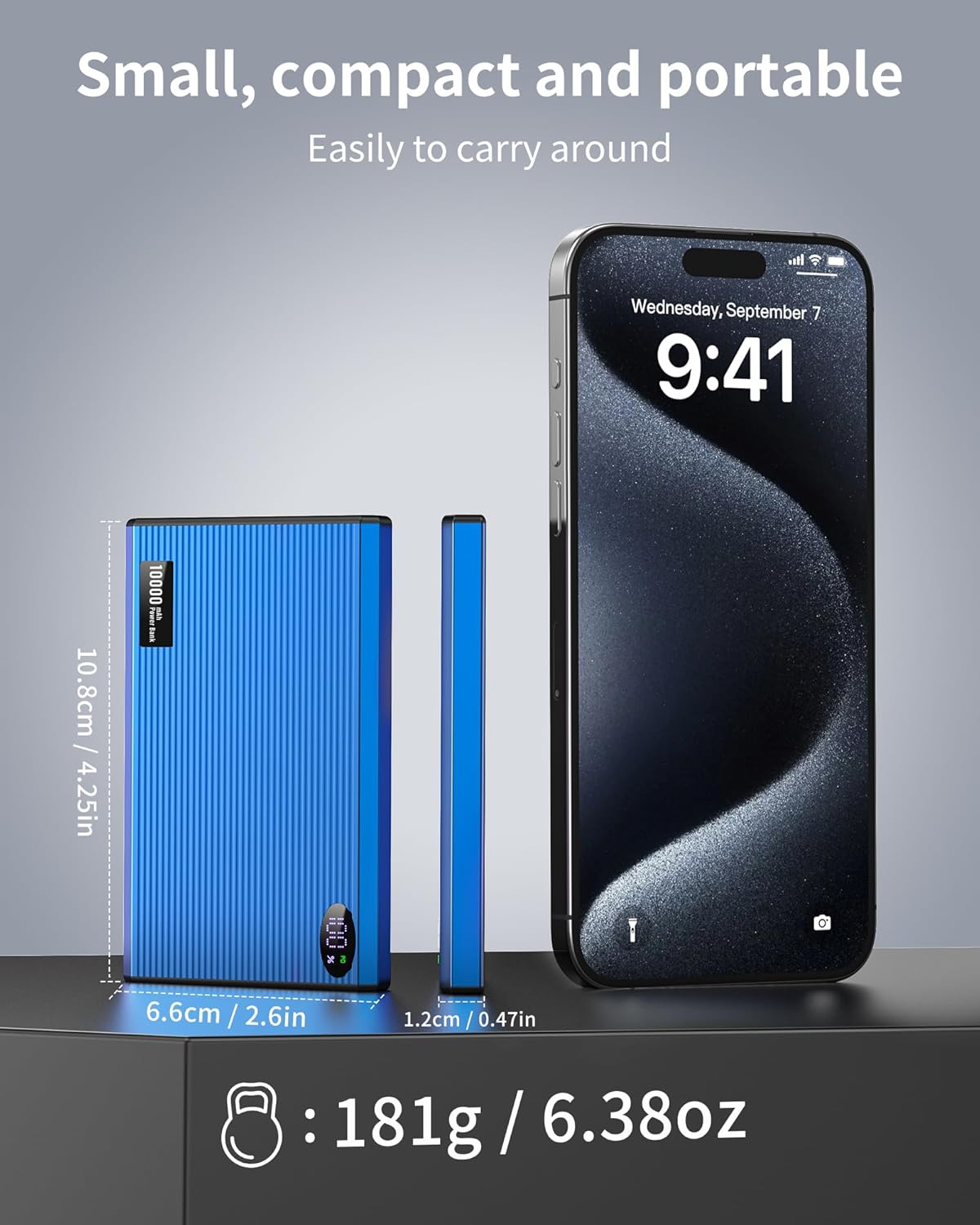 Diagram showing the dimensions of the iAXBi 10000mAh Wireless Magnetic Power Bank and its comparison to a smartphone.