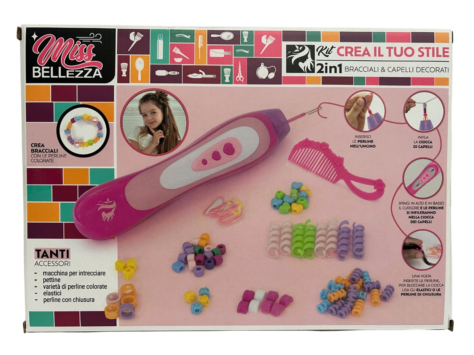 Macchina Infila Perline Bambini Set Parrucchiera Bambina Accessori Capelli Bambina Perline Treccine Capelli Bambina Crea Bracciali Perline per Capelli per Trecce Macchinetta per Perline Decora Fashion
