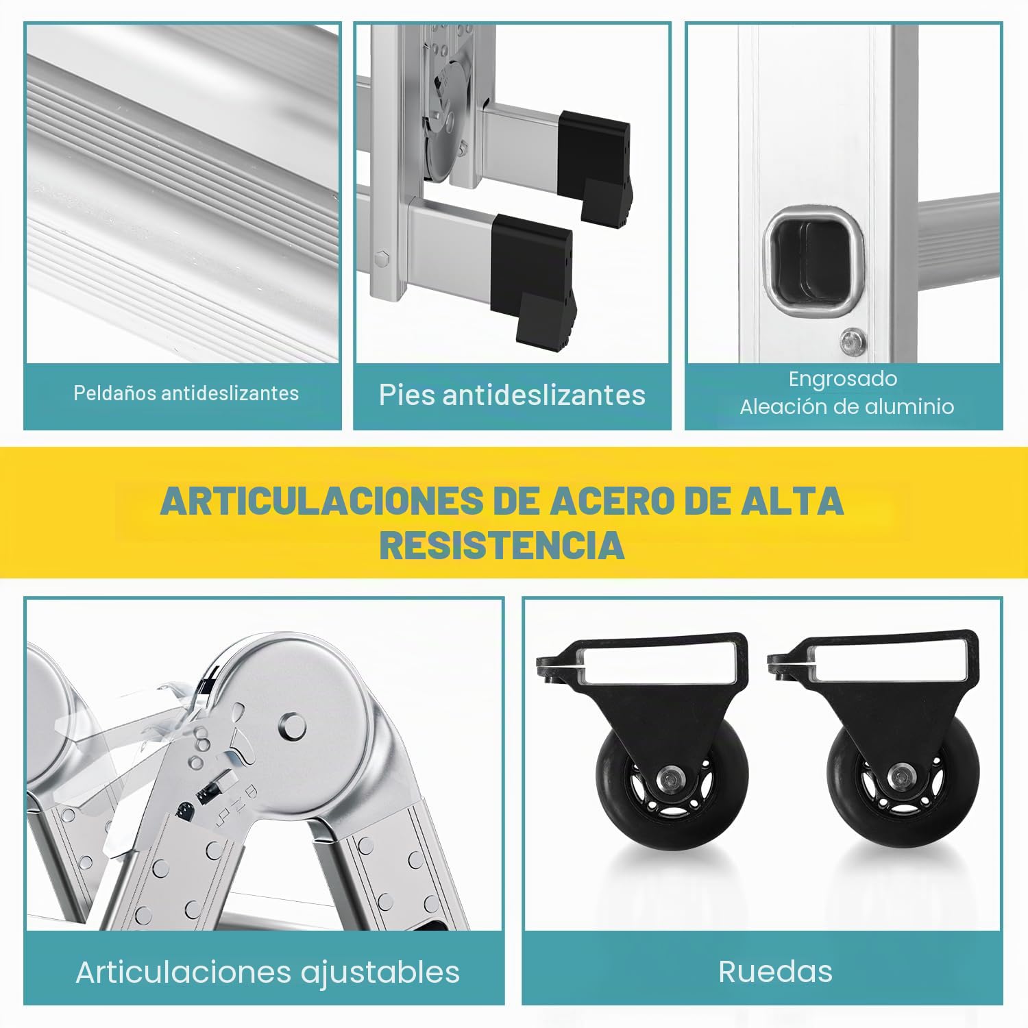 Escalera multiusos de aluminio de 3,6 m, 4 x 3 peldaños, escalera multifunción con plataforma, escalera de aluminio con 2 placas de andamio, escalera plegable de 16 peldaños, escalera de hasta