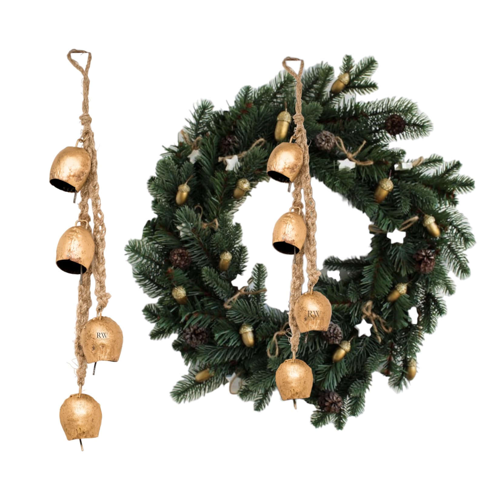 Iron Wrouht Gold Bells for Christmas oraments, Witch Bells, Hanging Bells, Rustic Cow Bells, Decorative Bells with Jute Rope, Door Bells