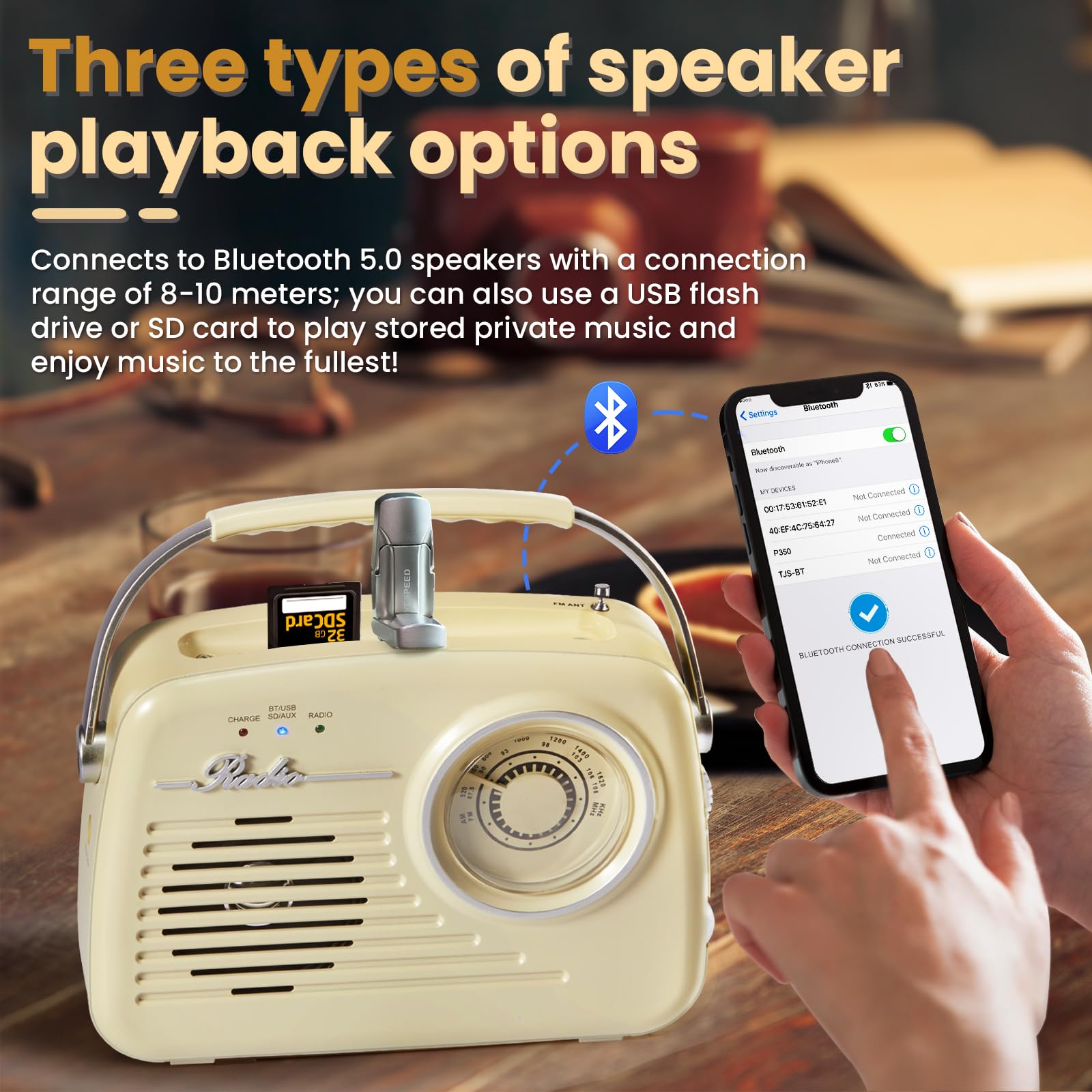 Radios AM FM portables, alimentées par piles et à brancher au mur pour la maison/extérieur/la cuisine, radio rétro vintage avec Bluetooth, grand cadran facile à utiliser (beige)