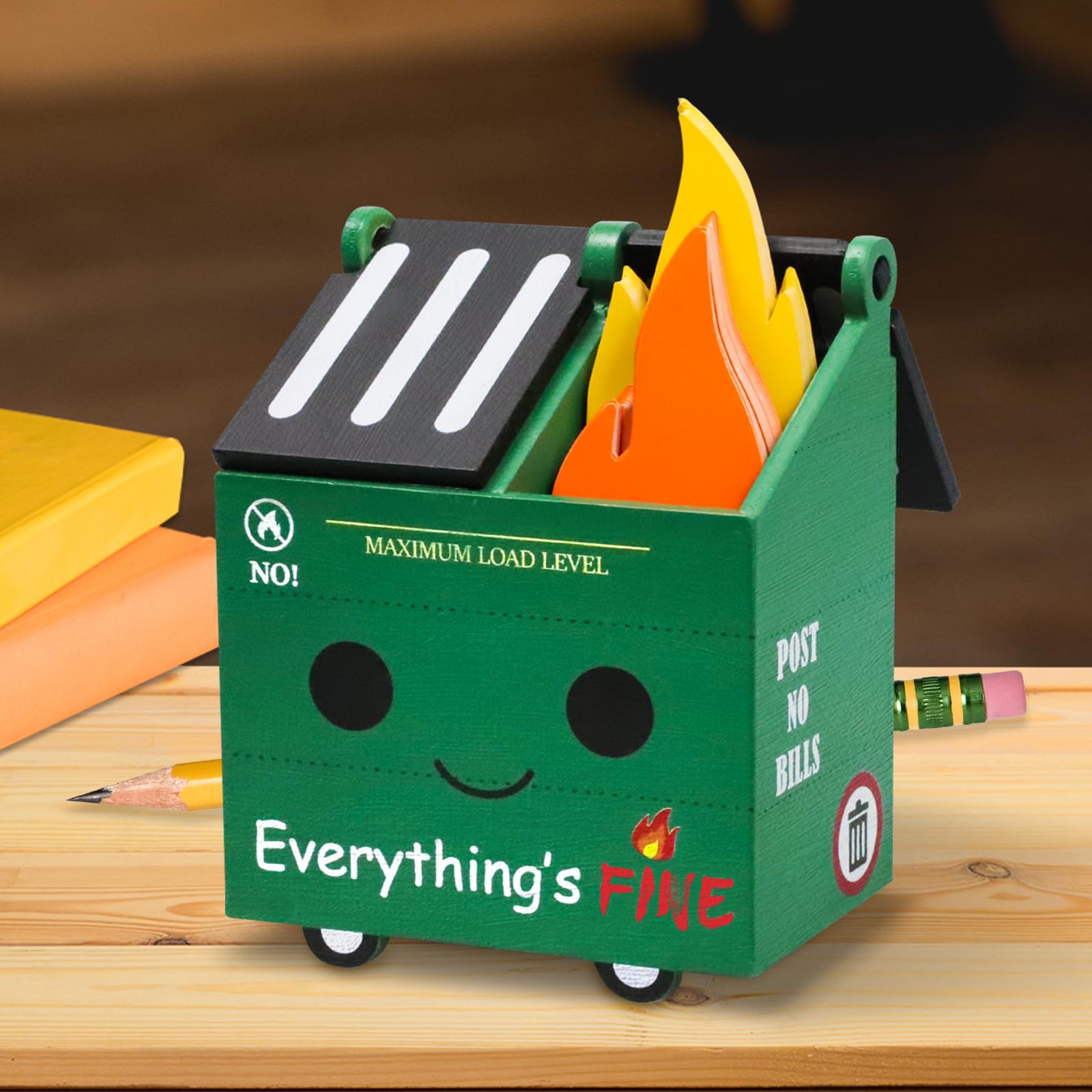 PUNICA Dumpster Fire Pencil Holder with 100 Pcs Flame Note Cards, Funny Office Desk Accessories Decor, Great Gifts for Coworkers Teacher - Green (Already Assembled)