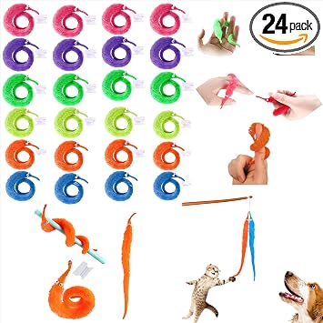 sumrica Magic Fuzzy Worm String Toy 24PCS- Interactive Pet & Adult Playmate, 6-Color Bulk Party Favor with Invisible String for Cats, Magic Tricks, Birthdays & Gifts!