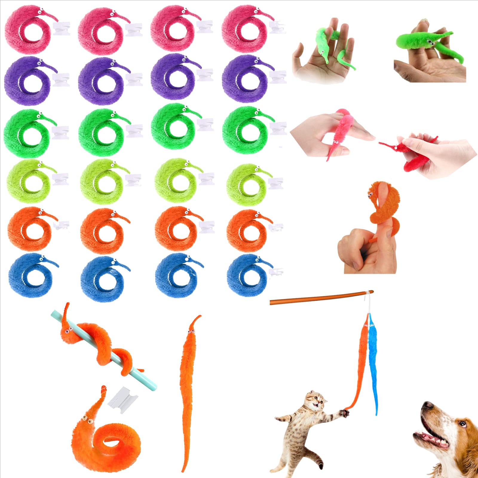 sumrica Magic Fuzzy Worm String Toy (24PCS)- Interactive Pet & Adult Playmate, 6-Color Bulk Party Favor with Invisible String for Cats, Magic Tricks,