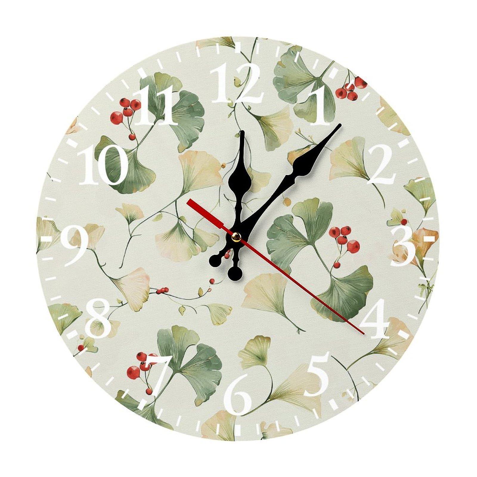 QMNLKH Ginkgo Leaves and Berries Wall Clock for Home, Battery Operated Clock for Hotel, Round Wall Clock with Arabic Numerals White, Easy to Read, Non-Ticking Clocks for Living Room 25 * 25cm