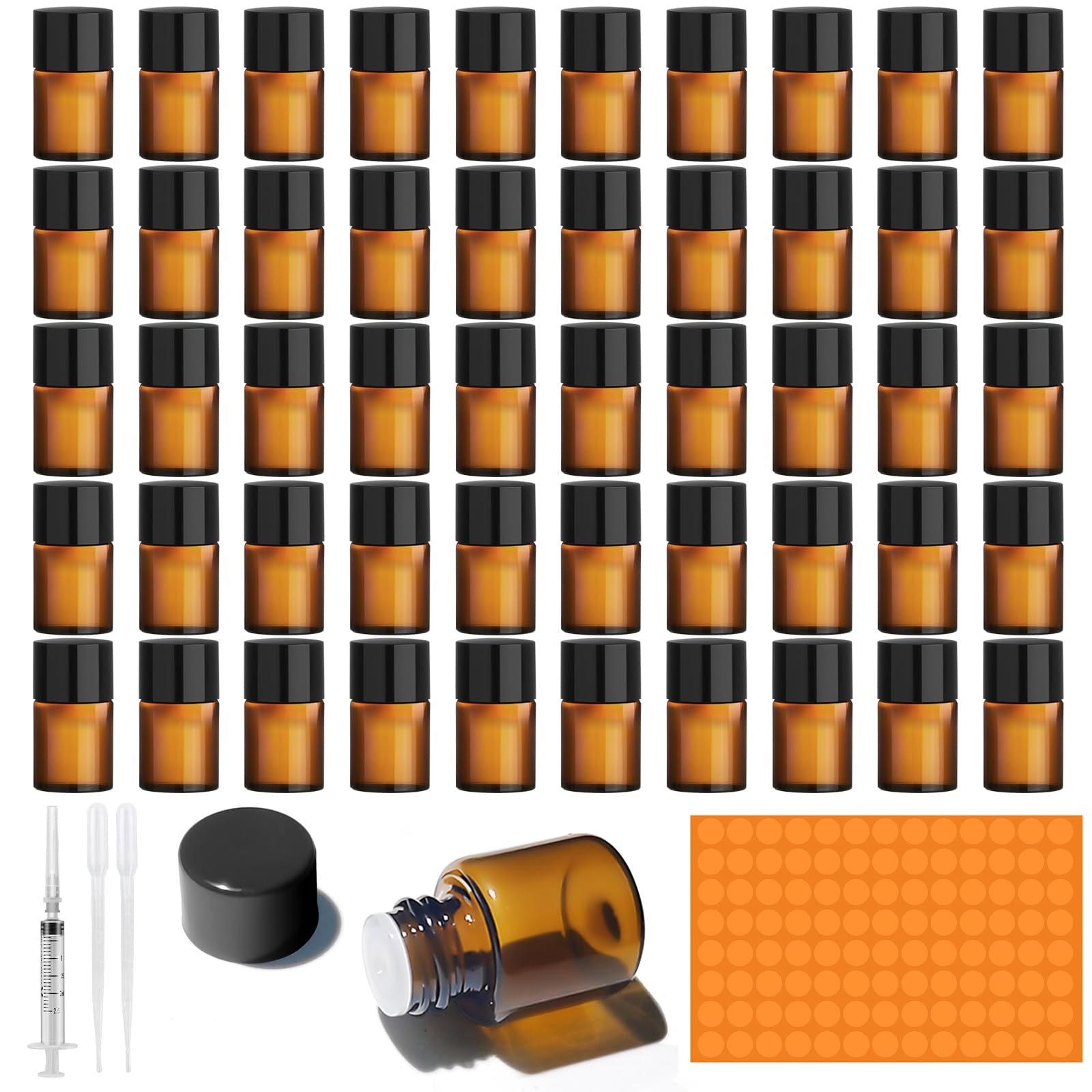 Amentalove 50 Stück 2ml Braune Leere Glasflaschen, Fläschchen für Ätherische Öle, Mini Glasflasche mit Pipette Spritze Aufkleber, Mini Fläschchen für Ätherisches Öl, Spa, Massage, Aromatherapie