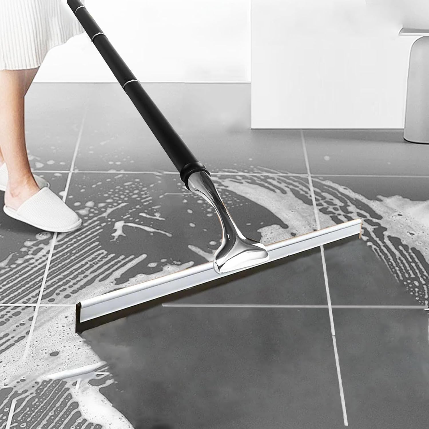 17.3″-60″ Extendable Shower Squeegee with Long Handle - Metal Window Squeegee with Extension Pole for Shower Glass, Home High Window, Floors
