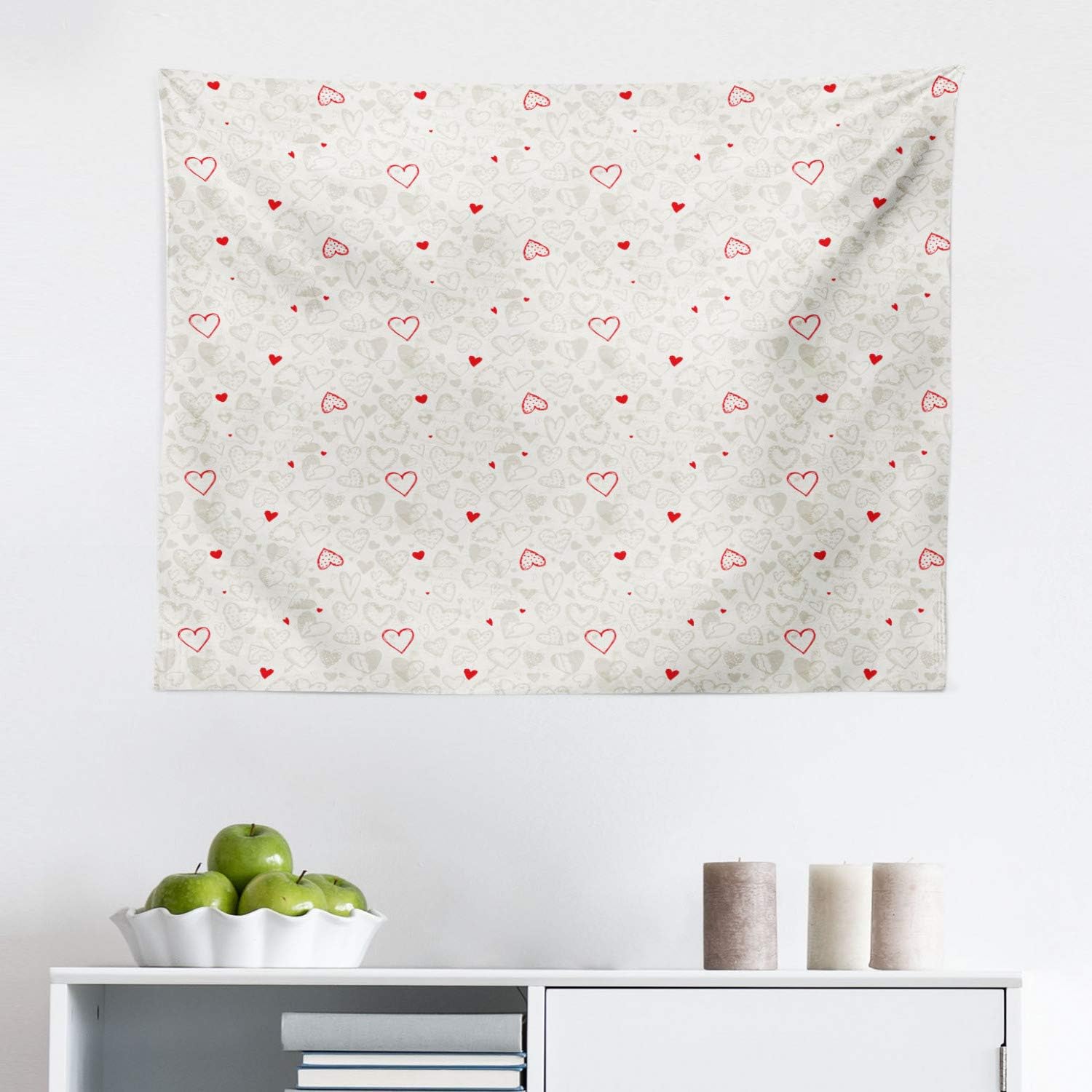 Lunarable Hearts Tapestry, Sketch Style Valentines Day Contrasting Colors Various Motifs Love Theme, Fabric Wall Hanging Decor for Bedroom Living Room Dorm, 28" X 23", Red Pale Grey White