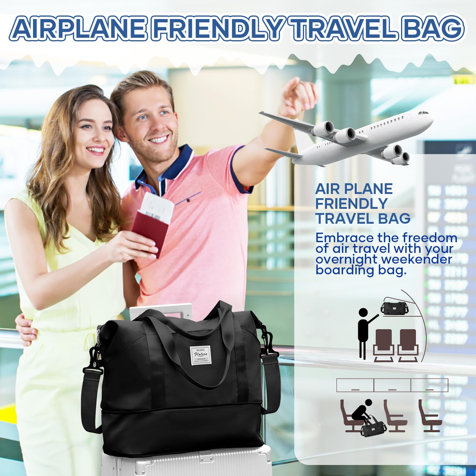 SEAFEW Sac de Voyage 40x30x20 Femme Sac fourre-Tout de Sport Imperméable pour Week-End, Cabine Avion Ryanair Bagage Cabine Easyjet Extensible pour Travel Gym Danse,J1-Noir