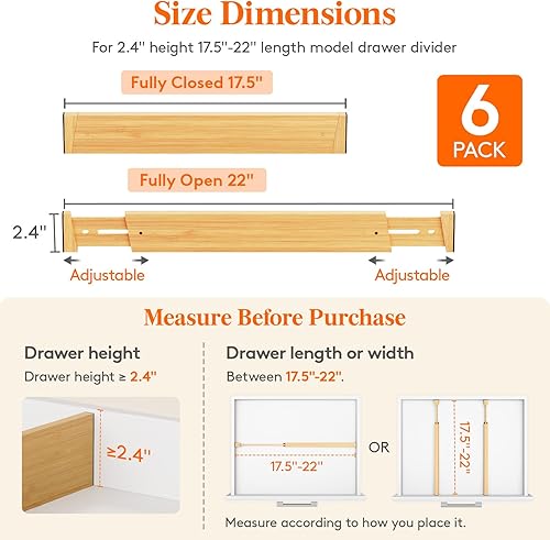 Miniatura 3 de Lifewit Paquete de 6 separadores de cajones de bambú de 2.4 pulgadas de alto, organizadores de cajones ajustables de 16 a 22 pulgadas para ropa,