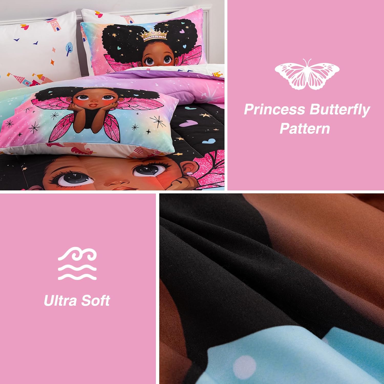 A Nice Night Black Girl Princess with Wings Comforter Set,Pink Gradient Glitter Rainbow Galaxy 6pcs Kids Bedding Set,Full - Image 7