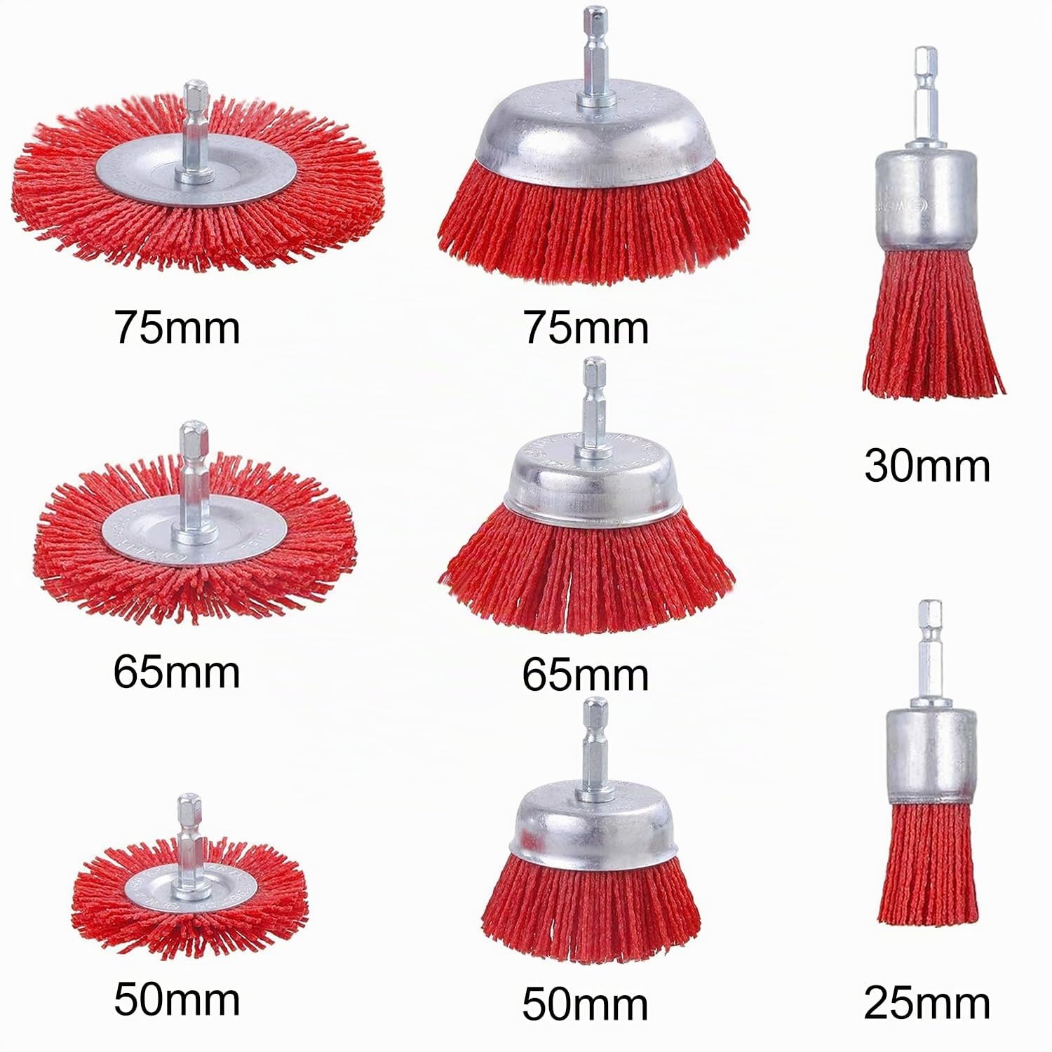 Brosse en nylon - Lot de 7 brosses en nylon pour perceuse avec tige 1/4 tige en nylons - Meuleuse d'angle - Brosses abrasives pour enlever la rouille - Couleur