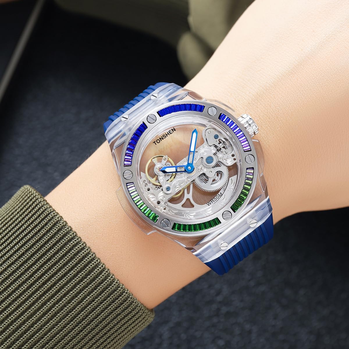 TONSHEN Fashion Acero Inoxidable Relojes da Unisex Analógico Automático Maquinaria Impermeable Reloj de Pulsera Goma Correa Hombres y Mujeres