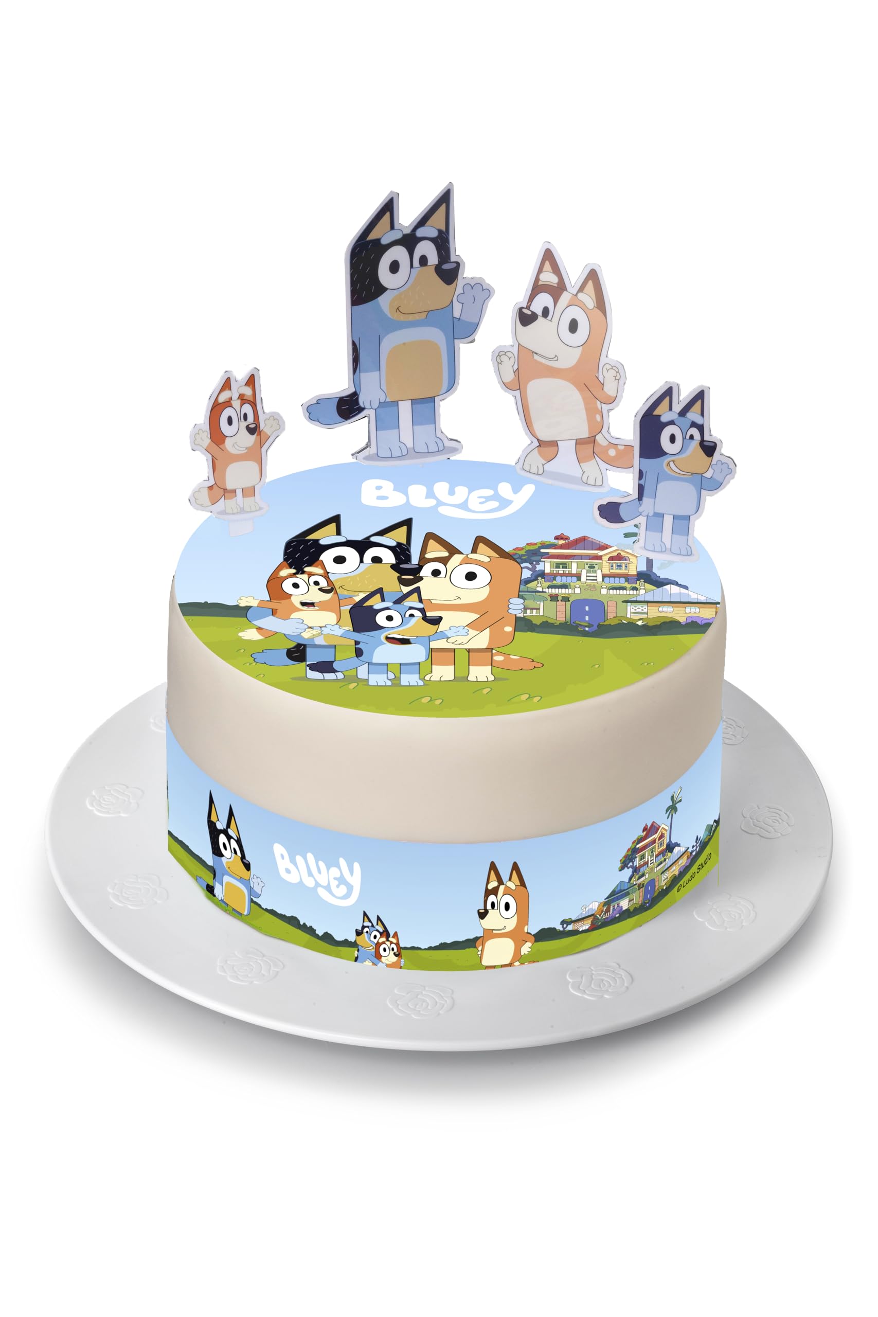 Kardasis Bluey - Decoración para tartas con figuras de papel, decoración comestible para tartas y pasteles, decoración para tarta de cumpleaños temática Bluey, 20 cm + 4 cintas de 28 x 4 cm + 4
