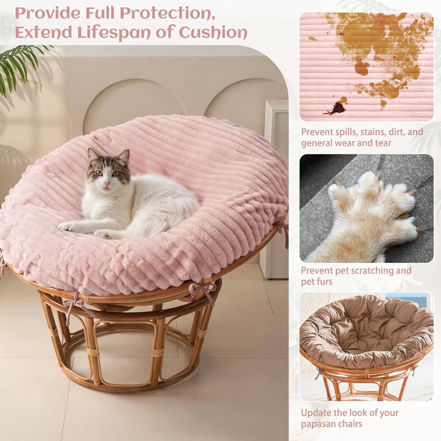 ANMINY Papasan Cushion Cover ONLY Thick Fluffy Shaggy Velvet Slipcover for Papasan Cushion, Removable Machine Washable Round Chair Cushion Covers w/Zipper Closure, Fit 40-44Inch Cushion Pink