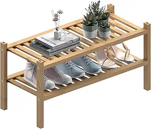 (Thick Bamboo Shoe Rack for Entryway, 2-Tier Free Standing Shoe Racks Stackable Shoe Rack Organizer for Hallway Closet Living Room 27 x12 x14 Inches