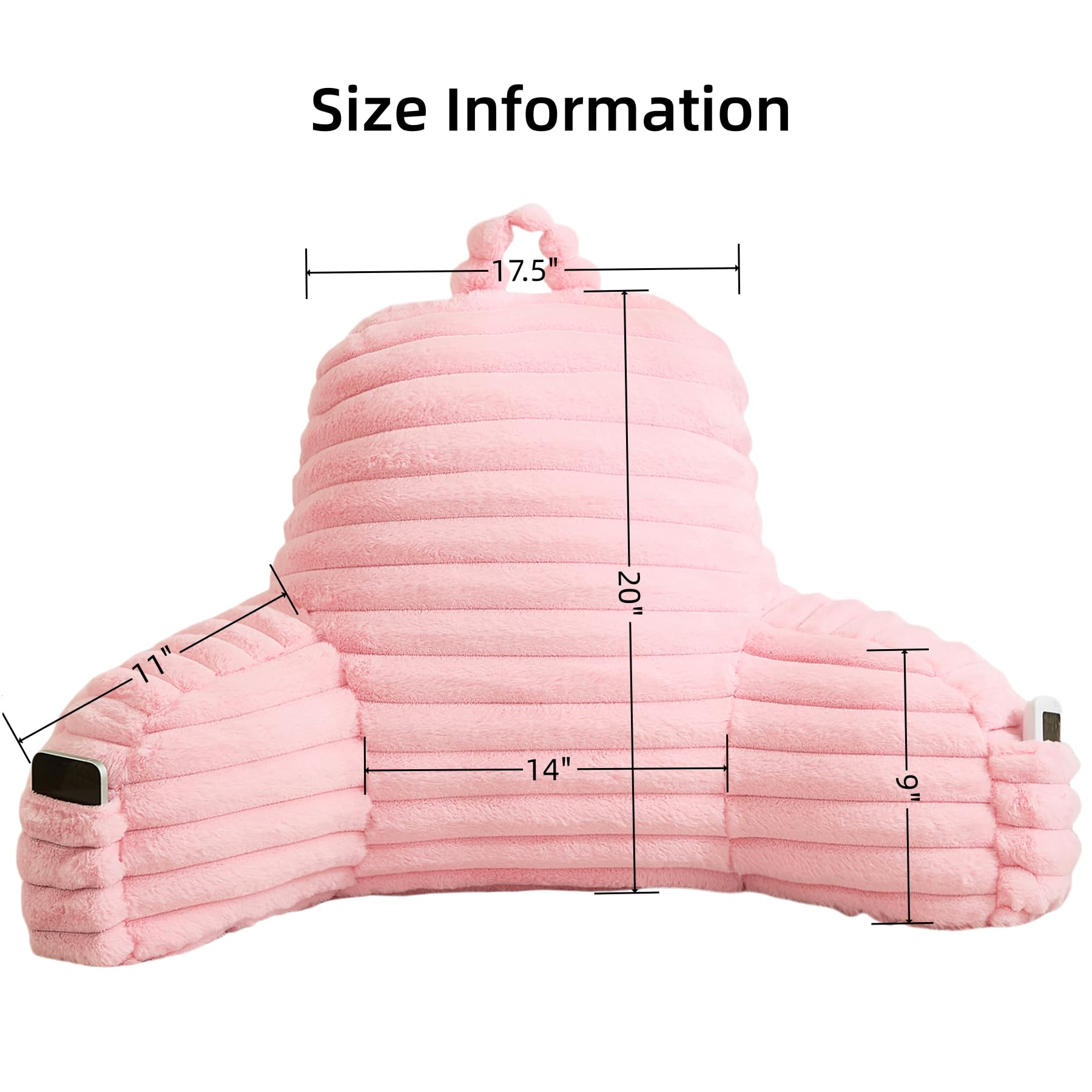 Flauschiges rosa Lesekissen aus Kunstfell mit Taschen, luxuriöses gestreiftes Plüsch, dekorativ, Armlehnen und Rückenstütze für Bettruhe, Faulenzen auf dem Sofa, extra große Größe für