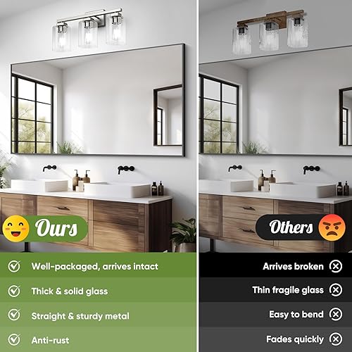 Miniatura 2 de Lámpara de tocador de baño, 3 luces de 19 pulgadas de níquel cepillado moderno mate con pantalla de vidrio transparente, lámparas de pared, lámparas