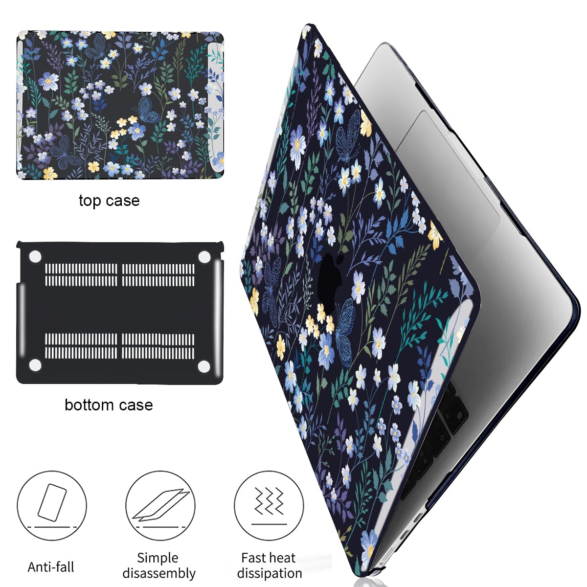 Funda para MacBook Air de 13.6 pulgadas 2024 2023 2022 modelo A3113 M3 A2681 M2, funda rígida de plástico con patrón impreso para teclado para Mac Air 13.6 2022, color negro
