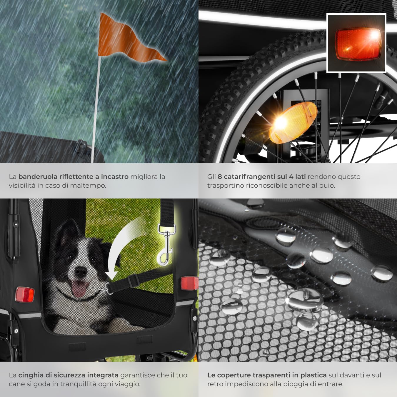 tectake® Carrello per Cani WoofRider, Multifunzionale con Bandierina di Segnalazione, Trasportino da Bicicletta, Jogger per Cani con Struttura Richiudibile, Inserti Mesh Traspiranti - Nero