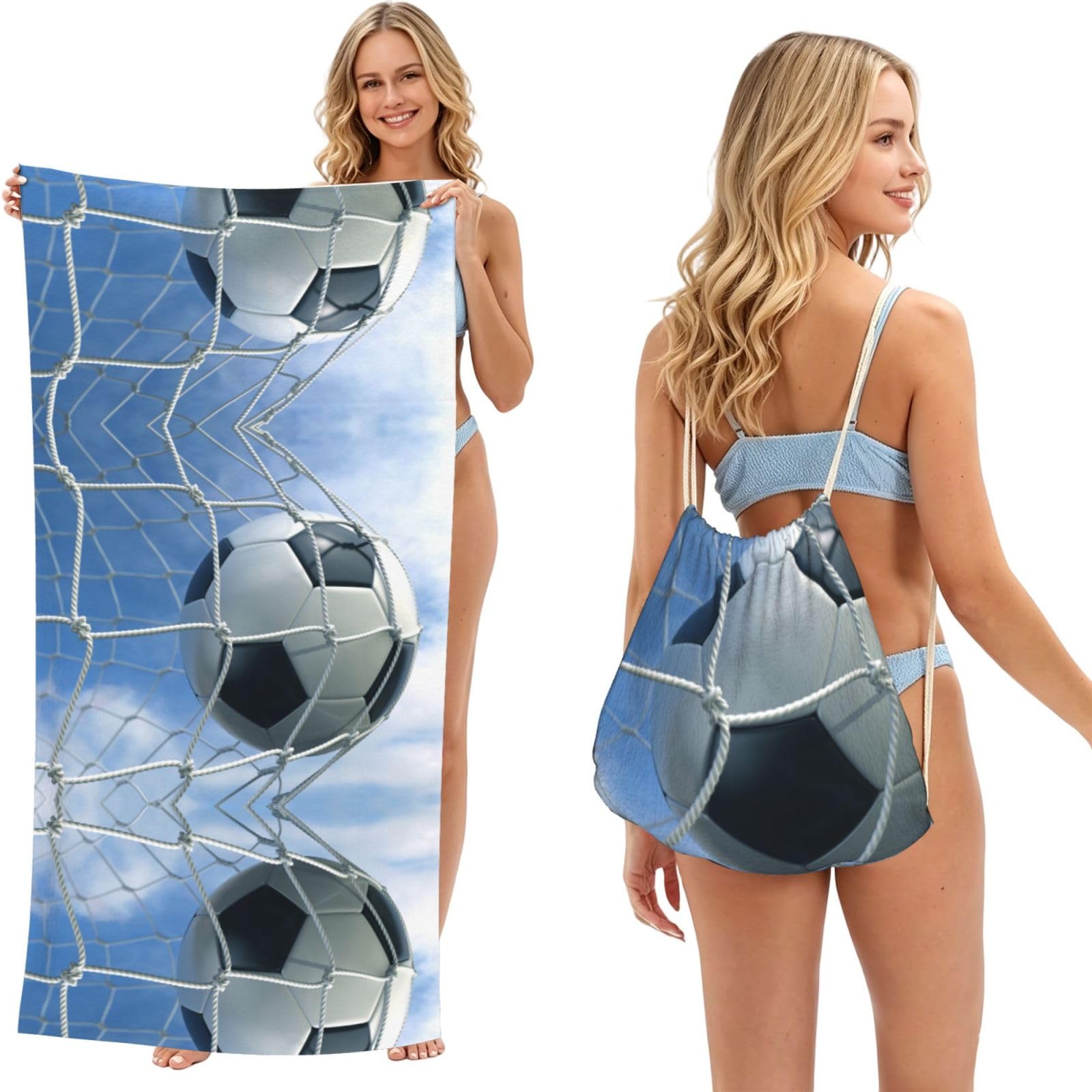 SATUSA Soccer Print 2-In-1 Foldable Beach Towel Backpack â€“ Camping, Yoga And Travel,Bath Towel With Built-In Storage, Convertible Beach Mat & Carry Bag