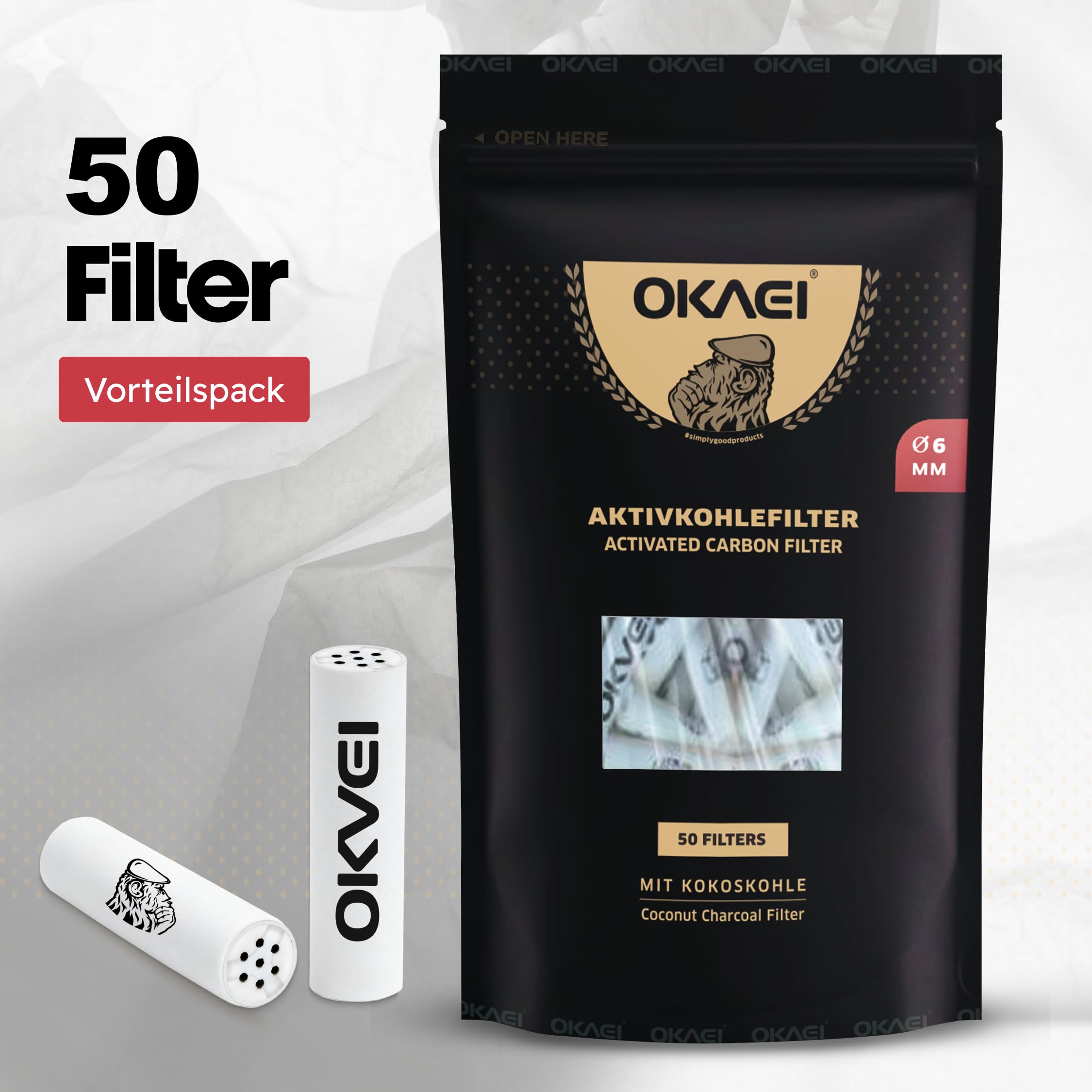 OKAEI Filtro ai carboni attivi da 6 mm – 50 pezzi – Filtro Slim con carbone attivo in guscio di cocco – con tappi in ceramica – Lunghezza 26 mm