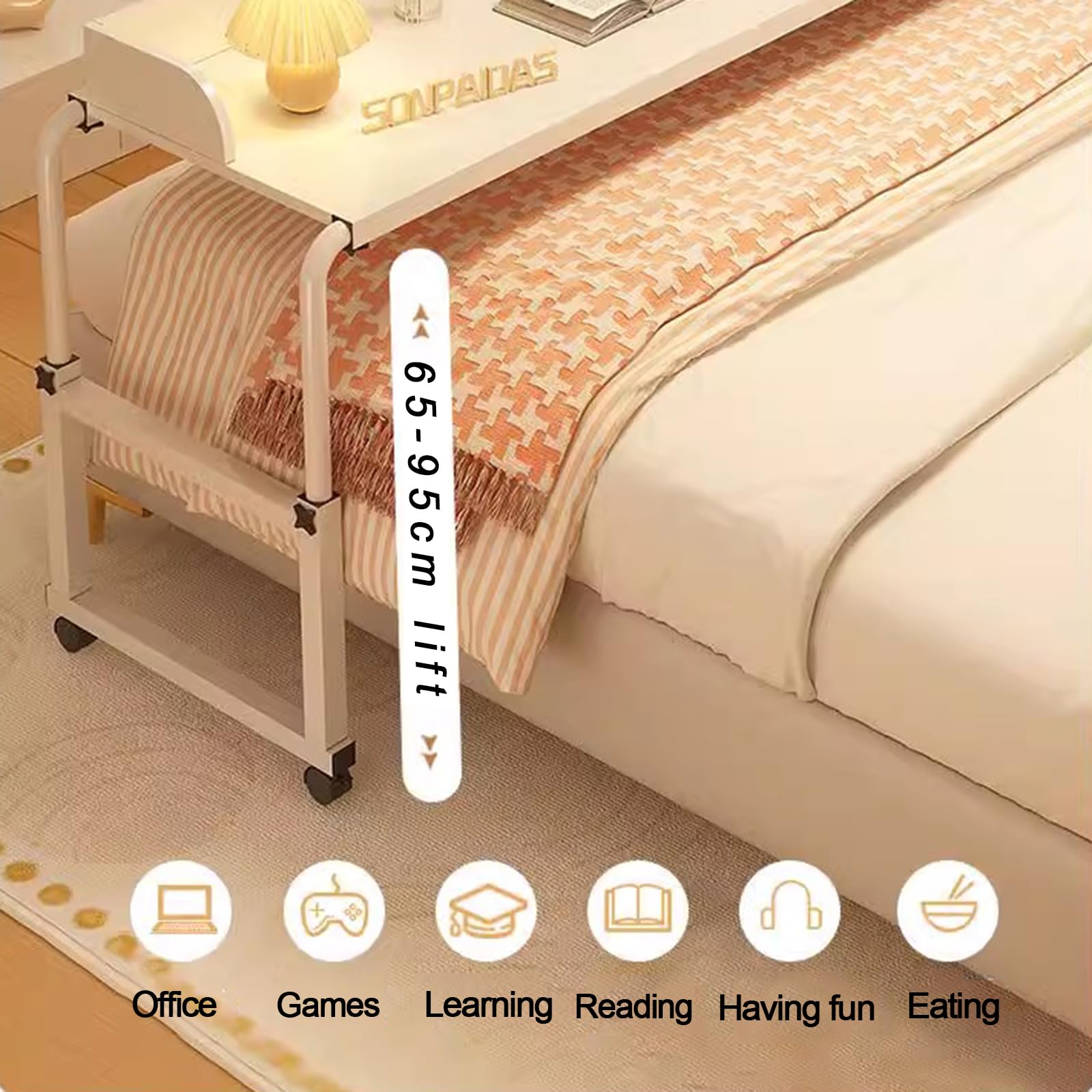 Table de lit roulante avec plateau repas et bureau, réglable en hauteur de 65 à 95 cm, pour ordinateur portable, avec plateau de bureau intégré, compatible avec les lits king size (115-210 cm, couleu