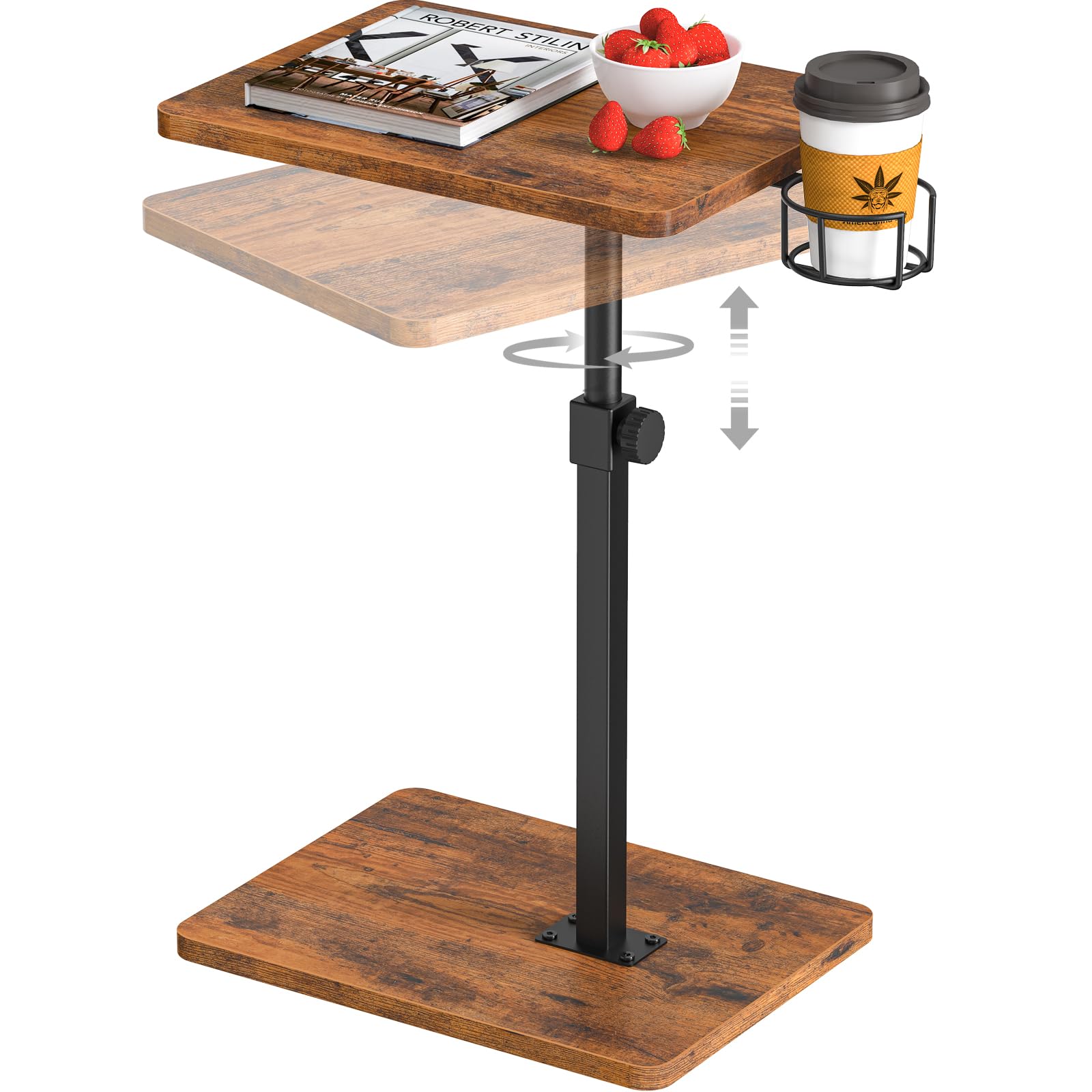 Giikin TV-Tablett, 360° drehbar, höhenverstellbar, TV-Tabletts zum Essen auf der Couch, Sofa-Armlehne, Beistelltisch für kleine Räume, Sofa, Bett, Abendessen, rustikales Braun