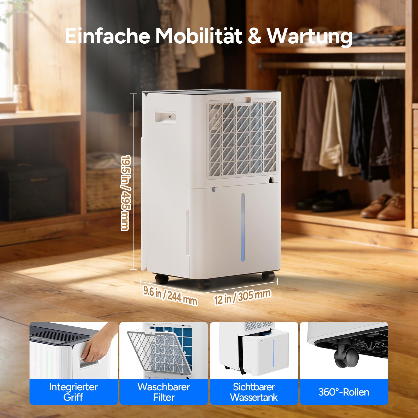 DR.PREPARE Luftentfeuchter Elektrisch 25L, Entfeuchter für Keller Wäschetrocknung, 4.5L Tank, 3 Modi, Schlafmodus, 24H Timer, Raumentfeuchter Elektrisch für 40-45m², Luftentfeuchter mit Ablaufschlauch