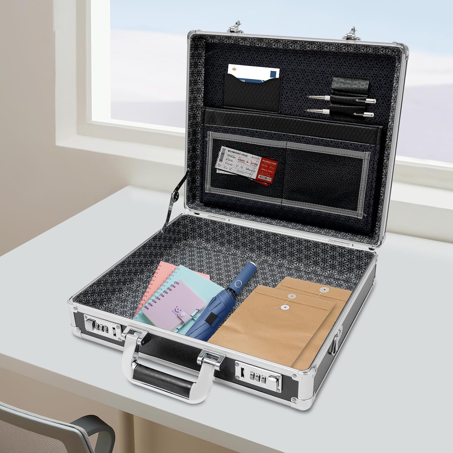 Aluminum Locking Briefcase Portable Lock Box with Locks and Strap Security Briefcase for Business Essential Document, Laptop