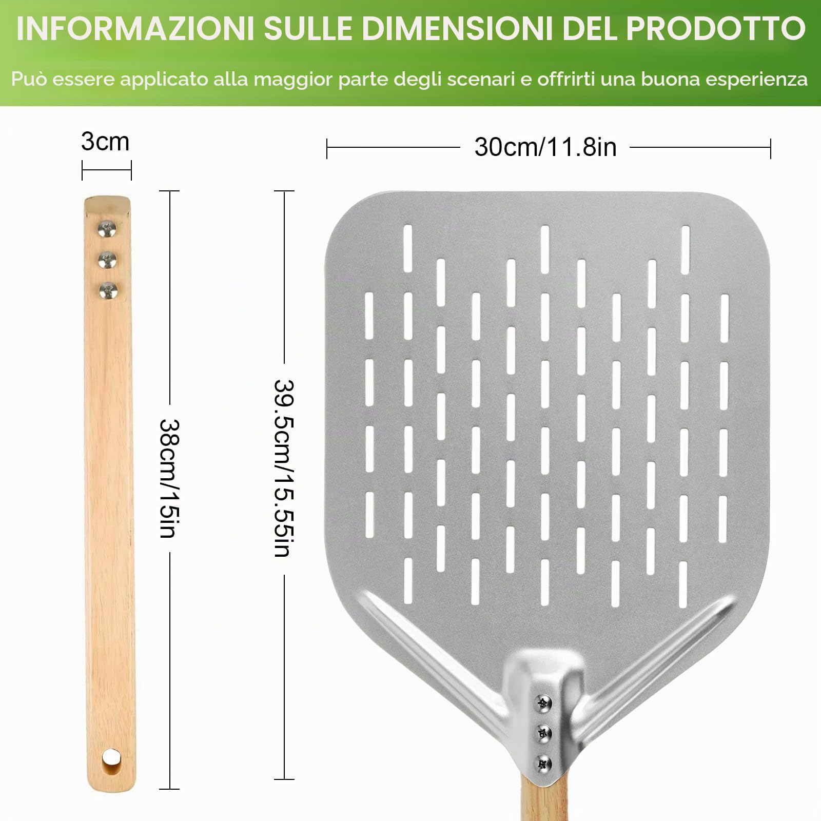 Pala per Pizza 12 Pollici, Pala per Pizza Forata in Alluminio con Manico in Legno Rimovibile, per Barbecue a Gas, Barbecue e Forno, per Riporre Facilmente La Pizza Grande (40 x 30 cm)