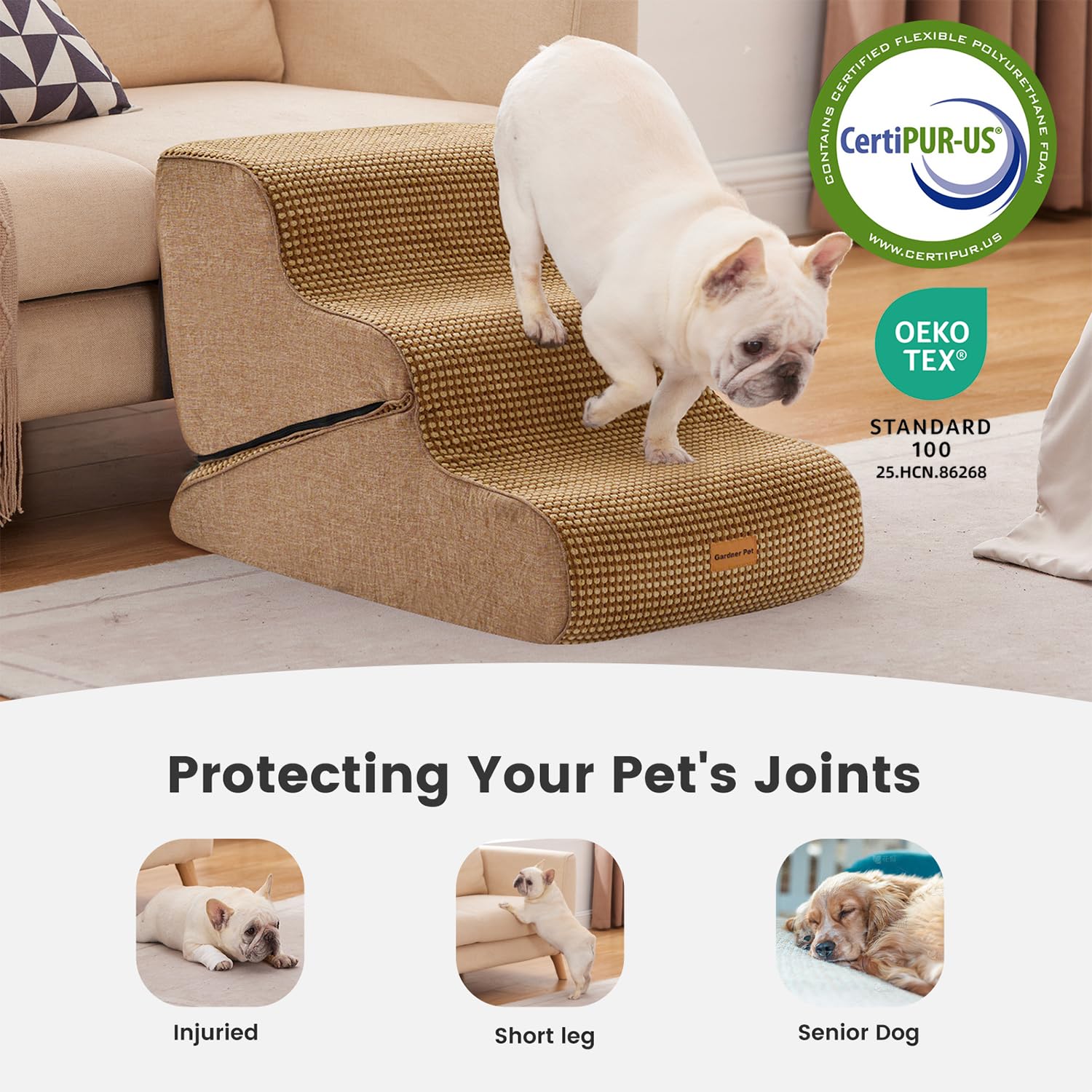 Gardner Pet Scala per Cani Piccoli 35/42cm, 3 Gradini, Rampina in Schiuma con Rivestimento Antiscivolo e Impermeabile per Letto, Divano e Auto, Marrone