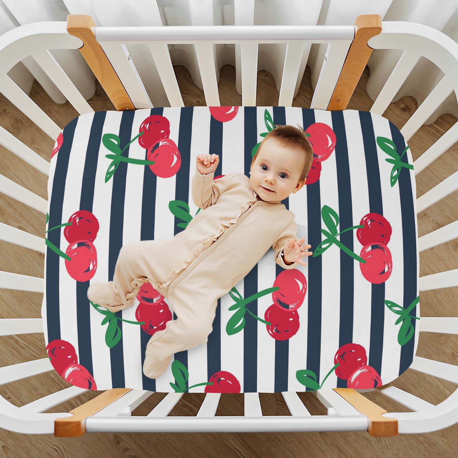 Spannbettlaken für Kinderbett, Kirschmuster, gestreift, weich, atmungsaktiv, pflegeleicht, Spannbetttuch für Babybett und Kinderbetten