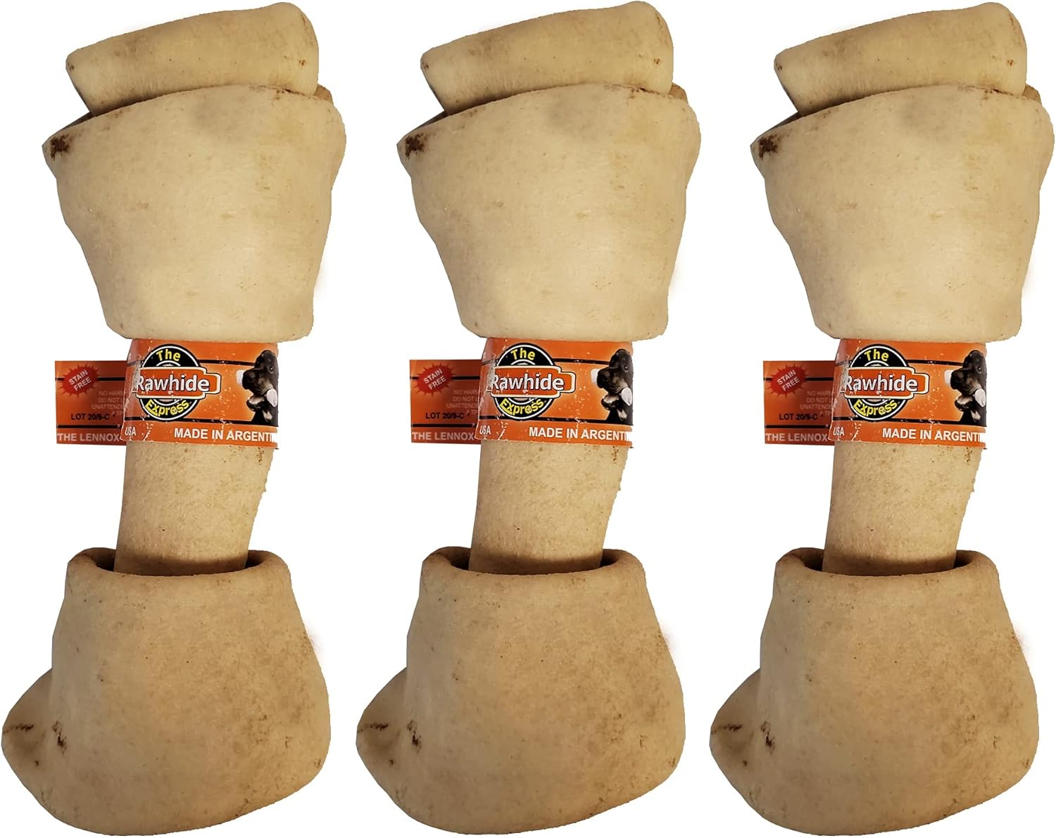 Rawhide Express 3 Pack of Peanut Butter Knotted Beefhide Bone Dog Chews, Extra Large 10 to 11 Inch, Non-Staining, Highly Digestible