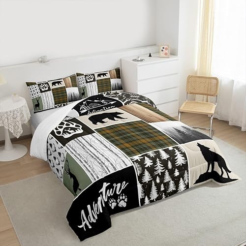Miniatura 6 de Camper Adventure - Juego de edredón para niños, tamaño individual, diseño de ciervos, cuernos de oso, patas, rústico, para decoración de habitación
