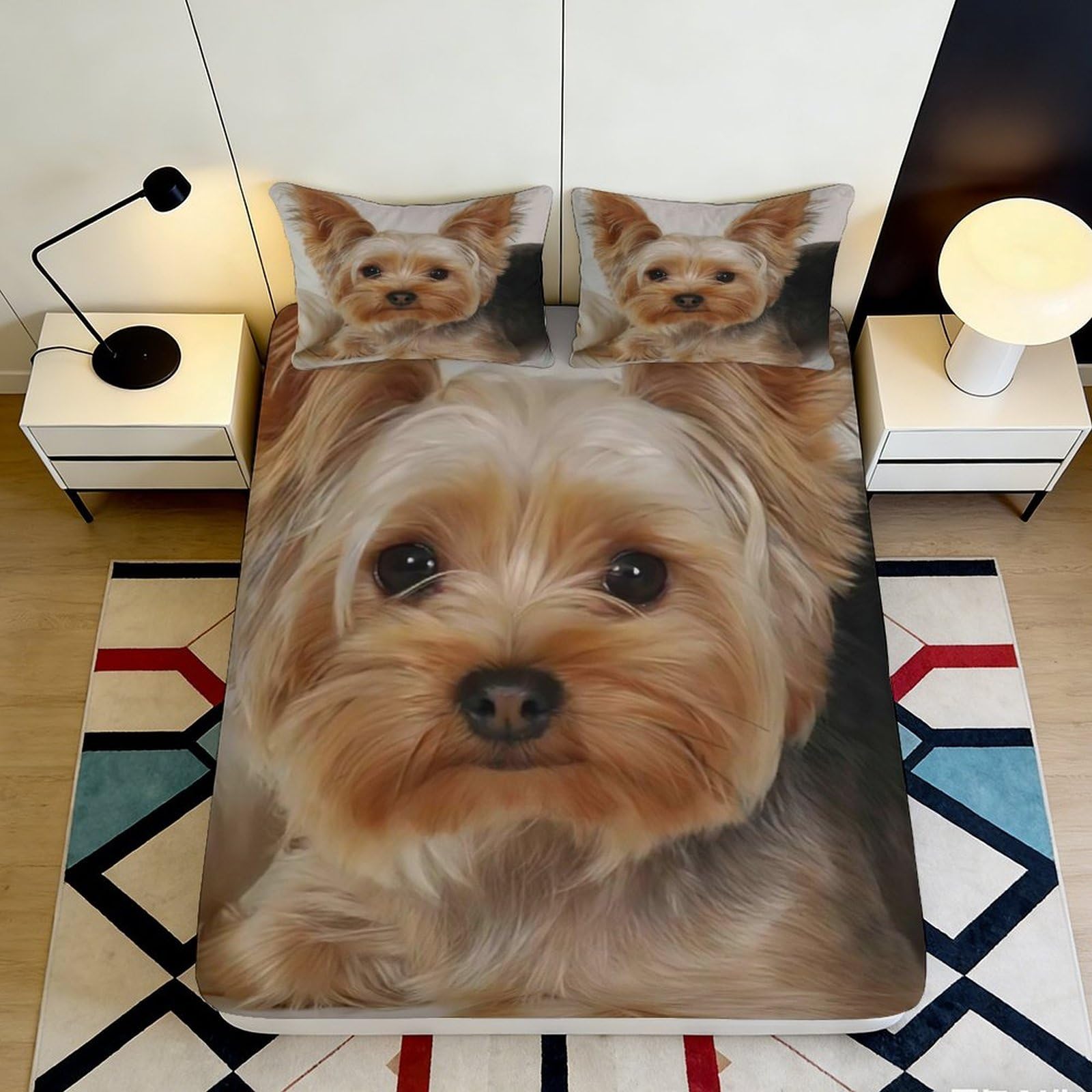 3D Printed Yorkshire Terrier Fitted Sheet Microfiber Soft Brown Dog Pattern Mattress Cover for Bedroom Dorm Home 180x200x25cm