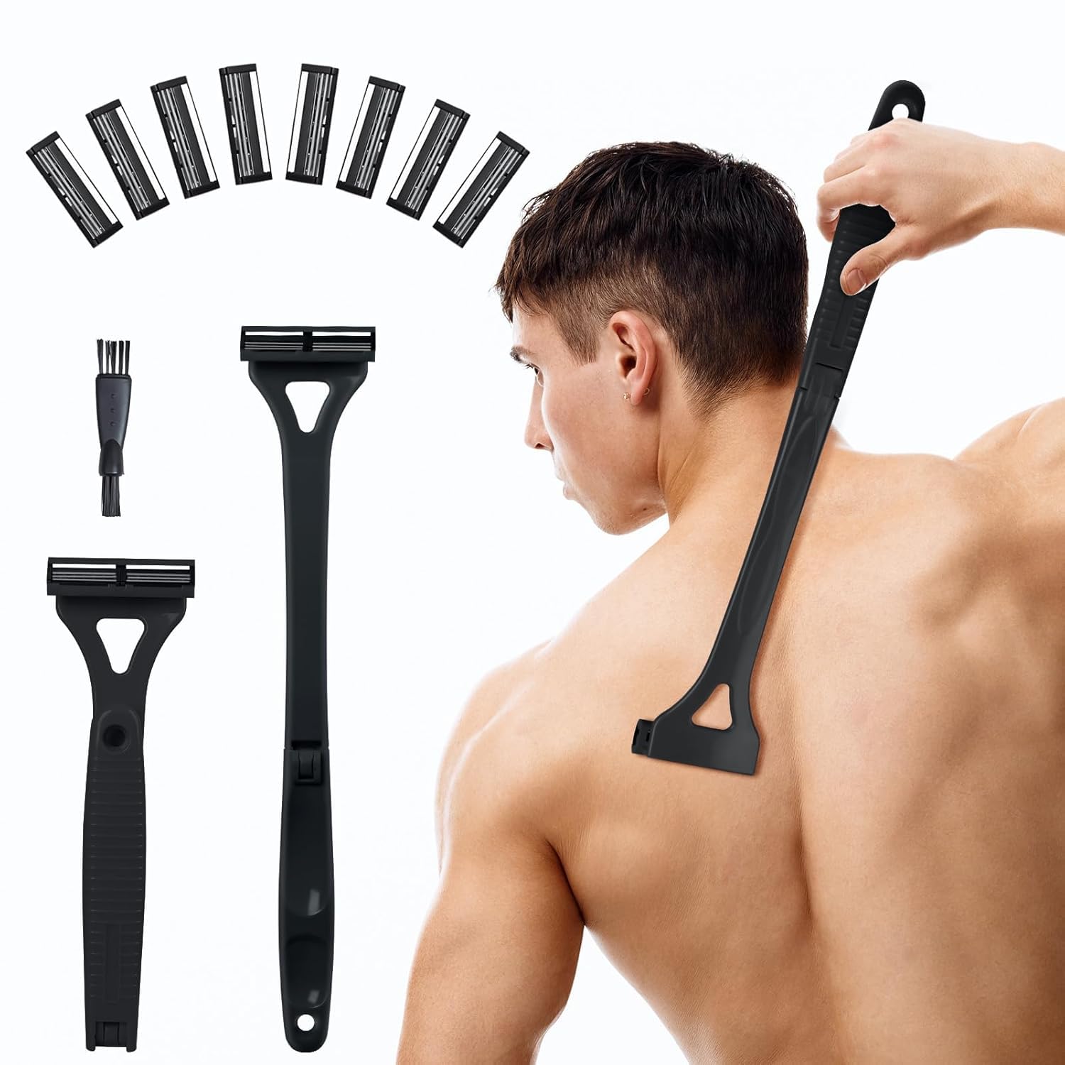 Back Shavers for Men with Foldable Long Ergonomic Handle DIY Hair Shaver Replaceable Safety Blade Portable Razor Groomer