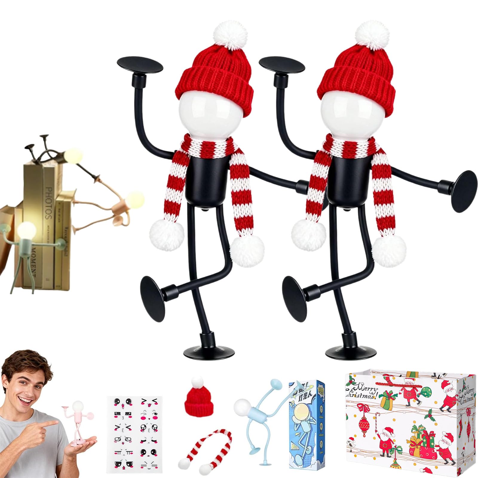 Glsayzu Boys Black Changeable Shape Funny Sportsman Night Light, 1/2/4Pcs Diy Shape Cute Light Bulb Man Mini Night Light,Suction Cup Bendable Desk Table Lamp, Diy Shape Night Lights For Girls (, 2P)