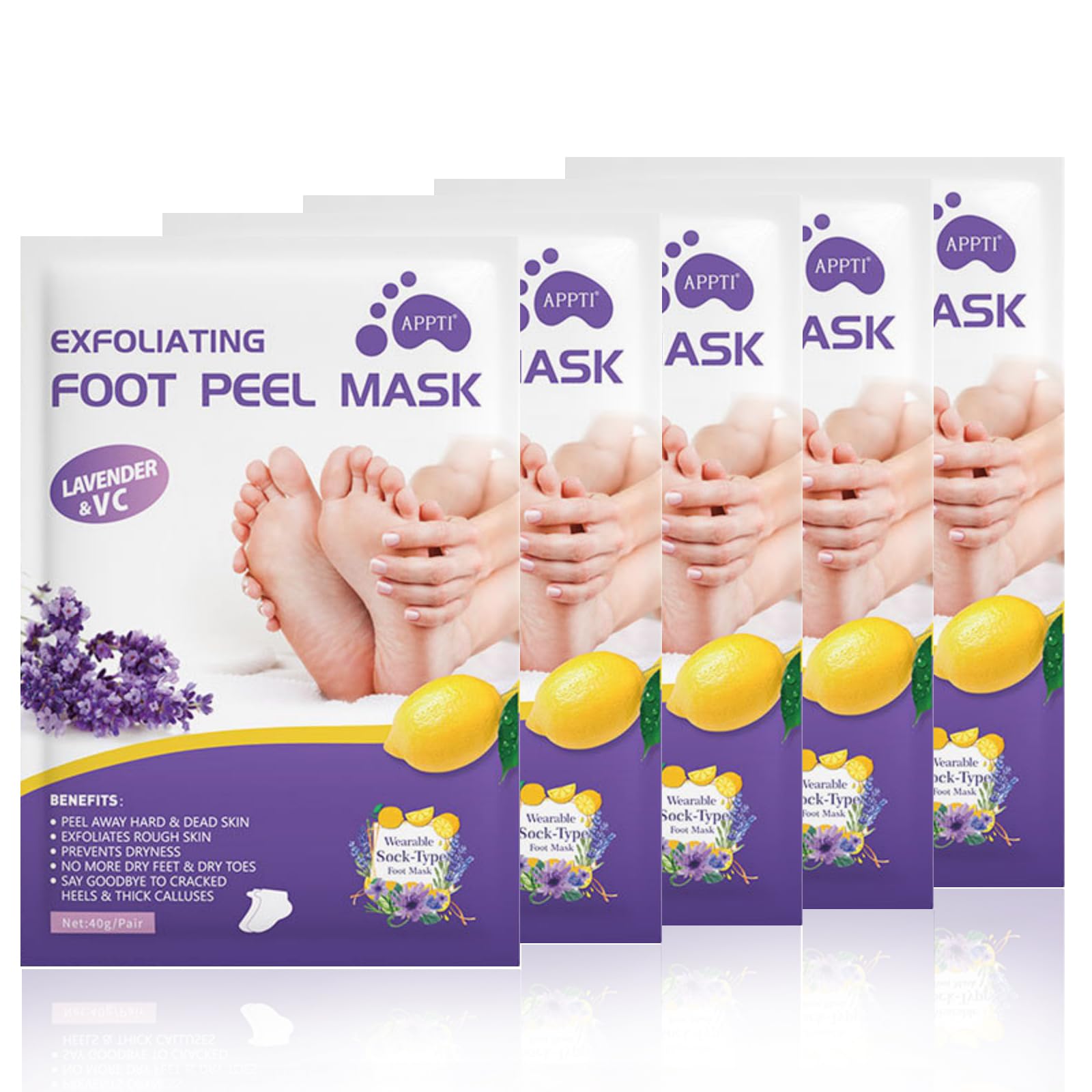 Joyeee Maschera Piedi Esfoliante, Lavender Foot Peel Mask, Efficace Peeling Piedi, Scrub Piedi e rimozione Calli dei Piedi, per Uomini e Donne, 5 paia
