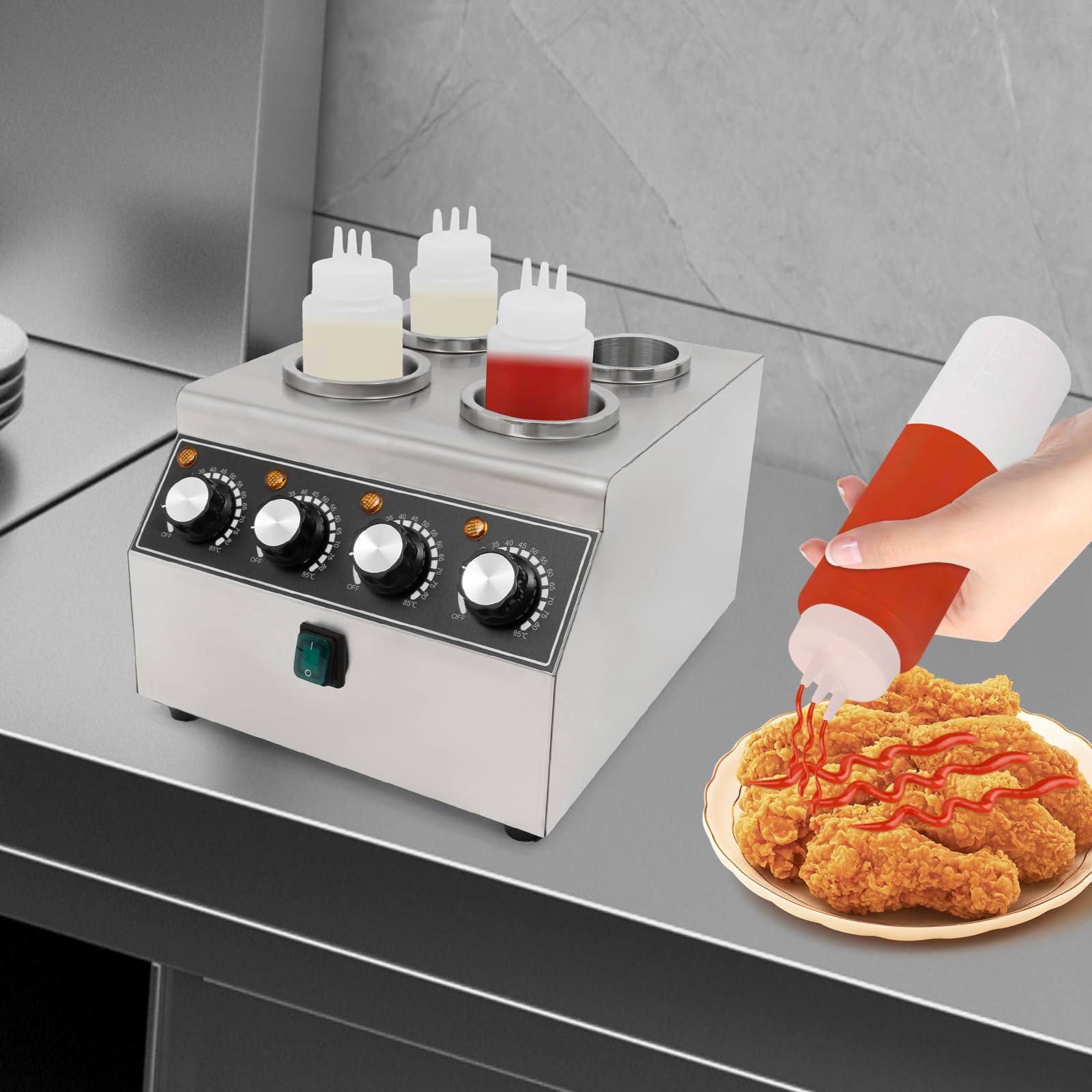 Calentador de salsas eléctrico de acero inoxidable con botellas de exprimidor – Dispositivo de mesa para mantener las salsas calientes, 800 W de potencia, 4 botellas (0,68 L), para restaurantes y