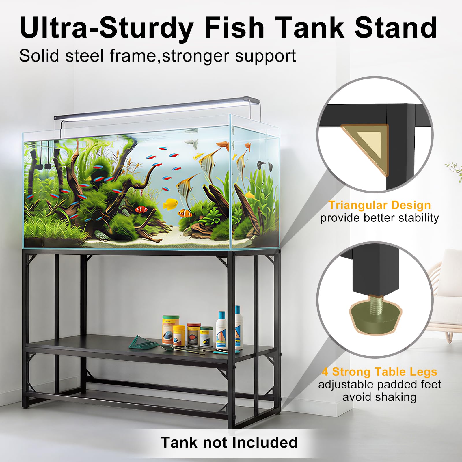 Supporto per acquario, in metallo resistente, per acquario, per rettili, tartarughe, allevatori, capacità 408,2 kg, con ripiani portaoggetti a 2 ripiani (121,4 x 50 x 80 cm)