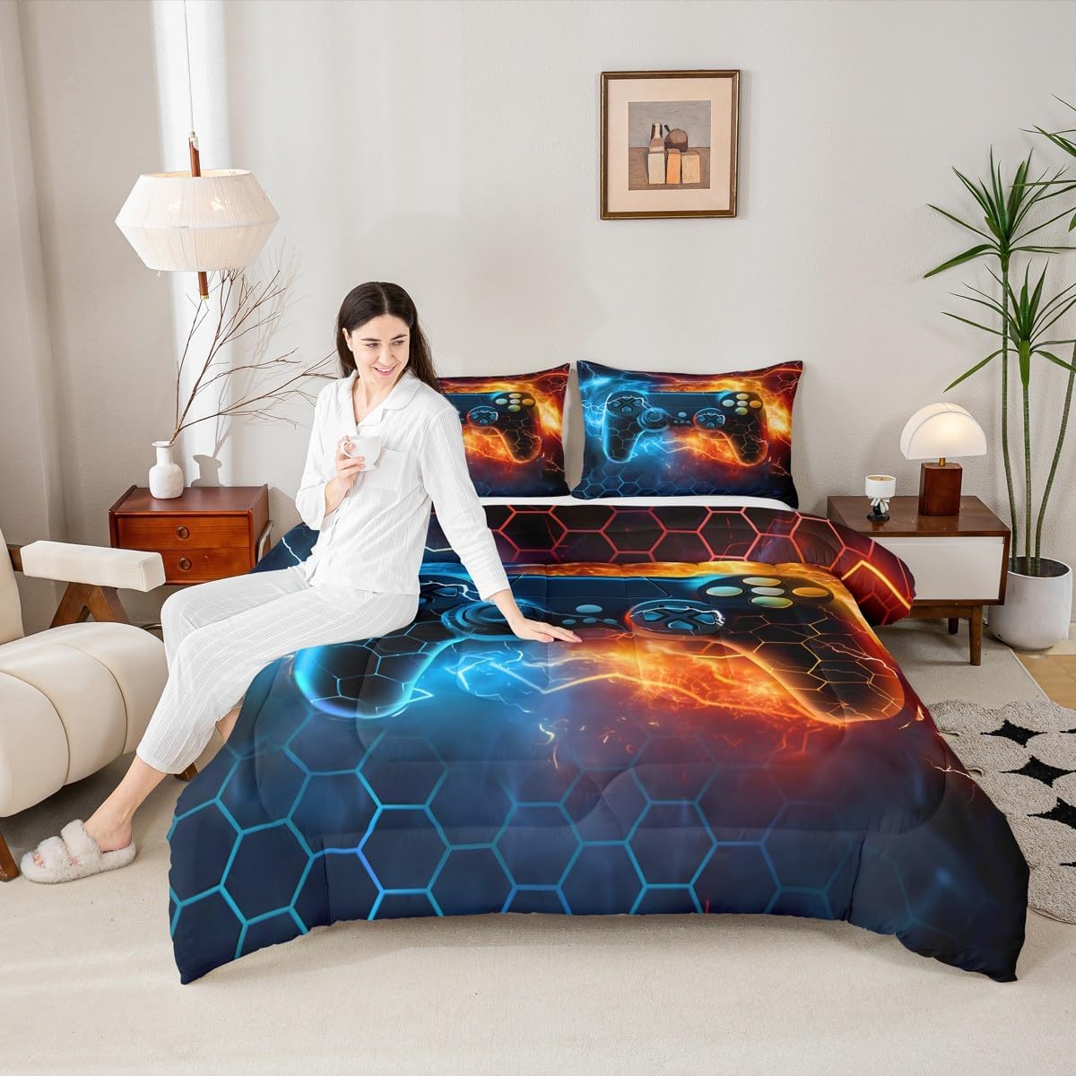 Feelyou Kids Boys Blue Red Gamer Comforter Set Queen Size, Honeycomb Gaming Comforter for Lightning Gamepad Bedding Set Game Room Decor Duvet Set 3Pcs Room Decor Quilt Set Bedding Collection