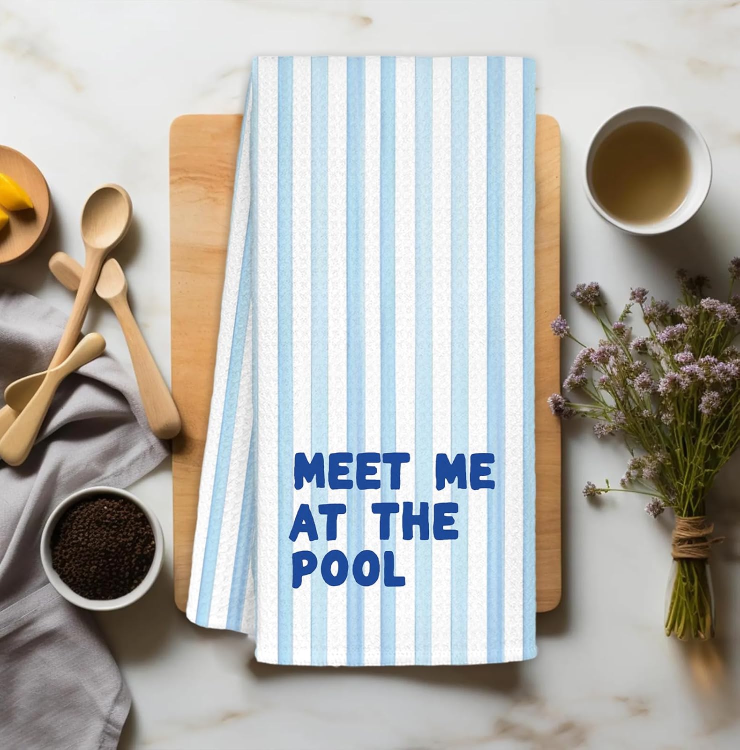Meet Me at The Pool Decorative Hand Towels, Summer Poolside Kitchen Towels, Blue Stripes Summer Pool Hand Towels Drying Cloth for Kitchen Bathroom Decor, 16x24 Inch image 2