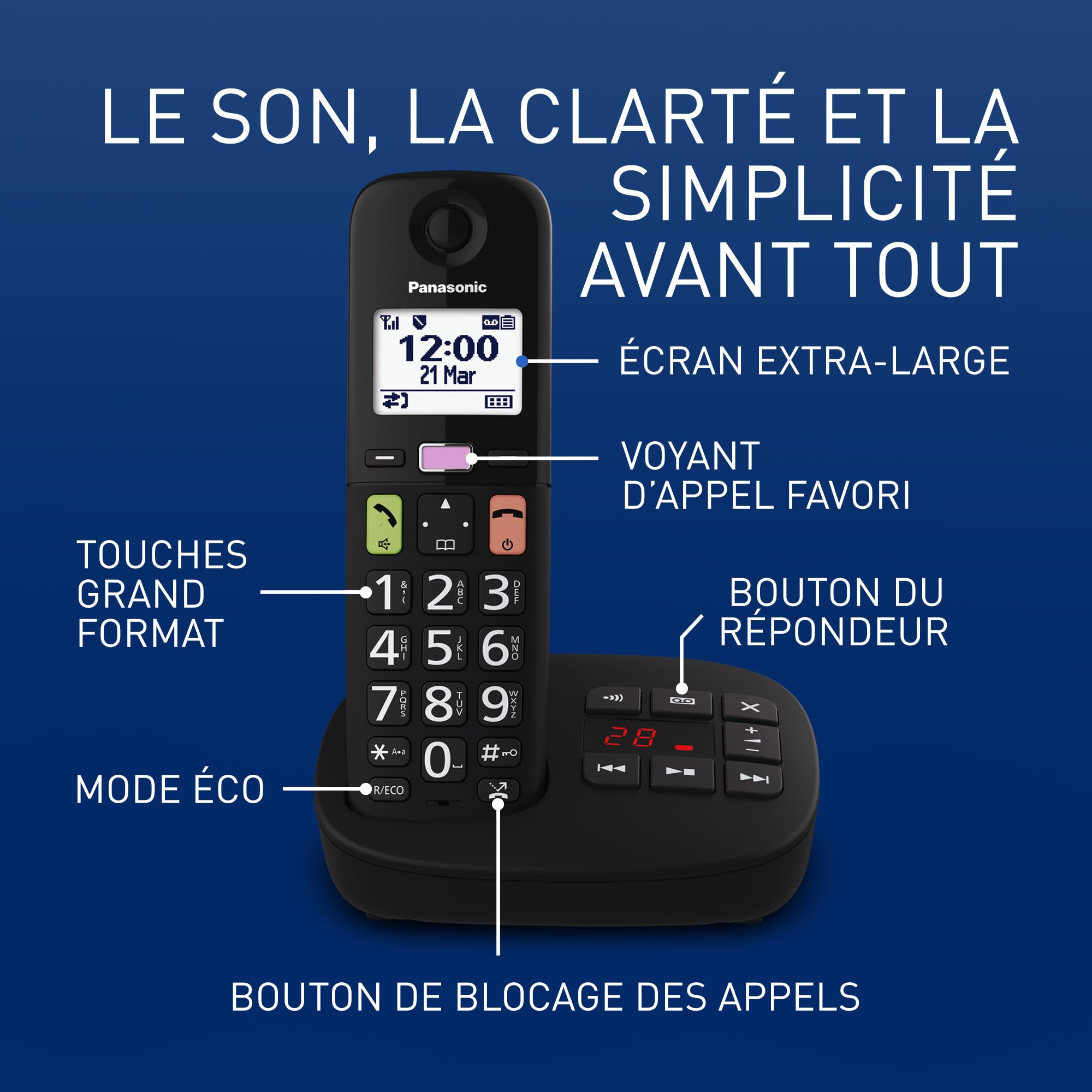 Panasonic KX-TGU130EXB Téléphone Numérique sans Fil avec Répondeur, Unité de Base et 1 Combiné, Écran LCD, Grosses Touches, Appel Favori, Compatible avec Les Appareils Auditifs, Noir